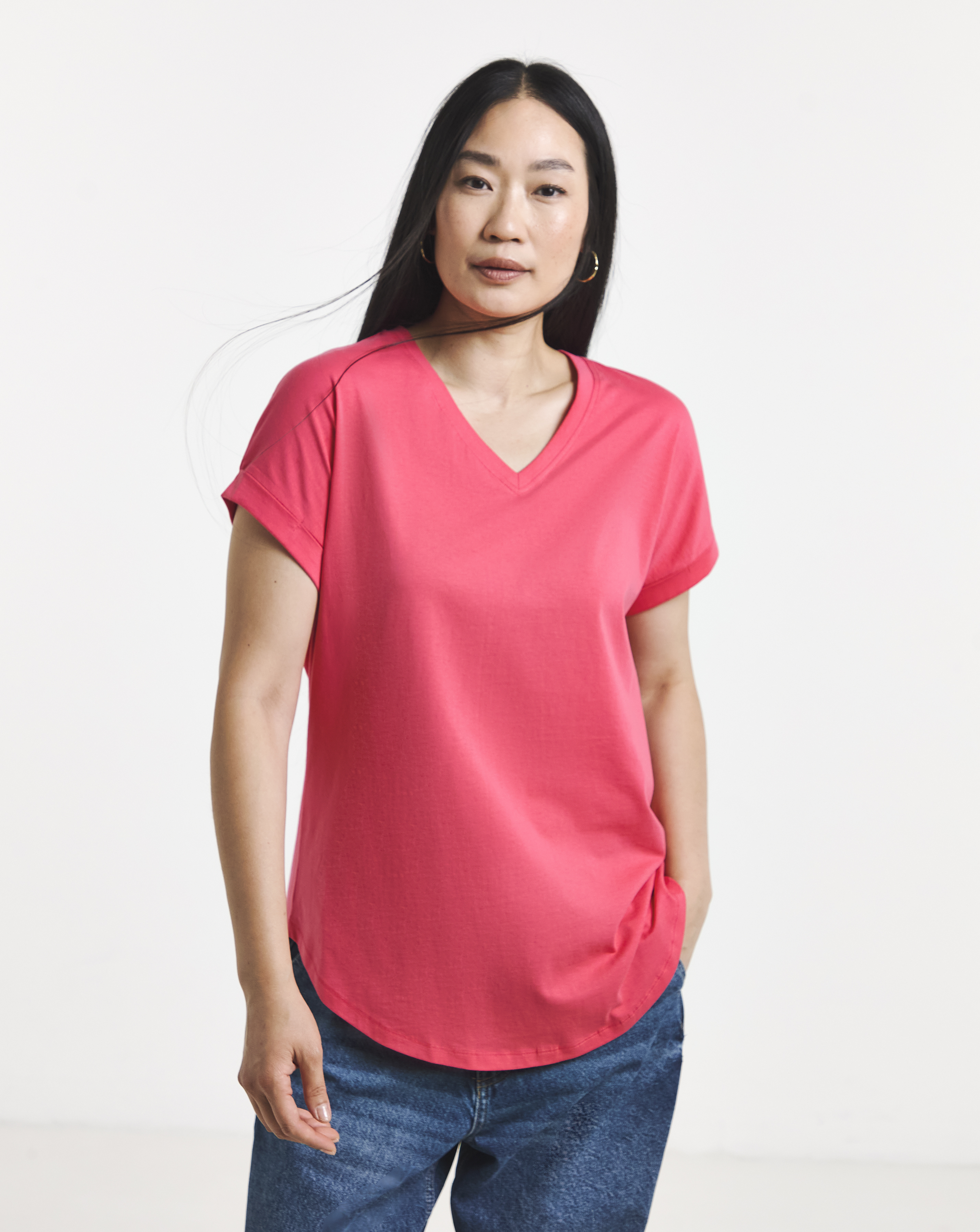 Pink V-Neck Short Sleeve Longline Curved Hem Top