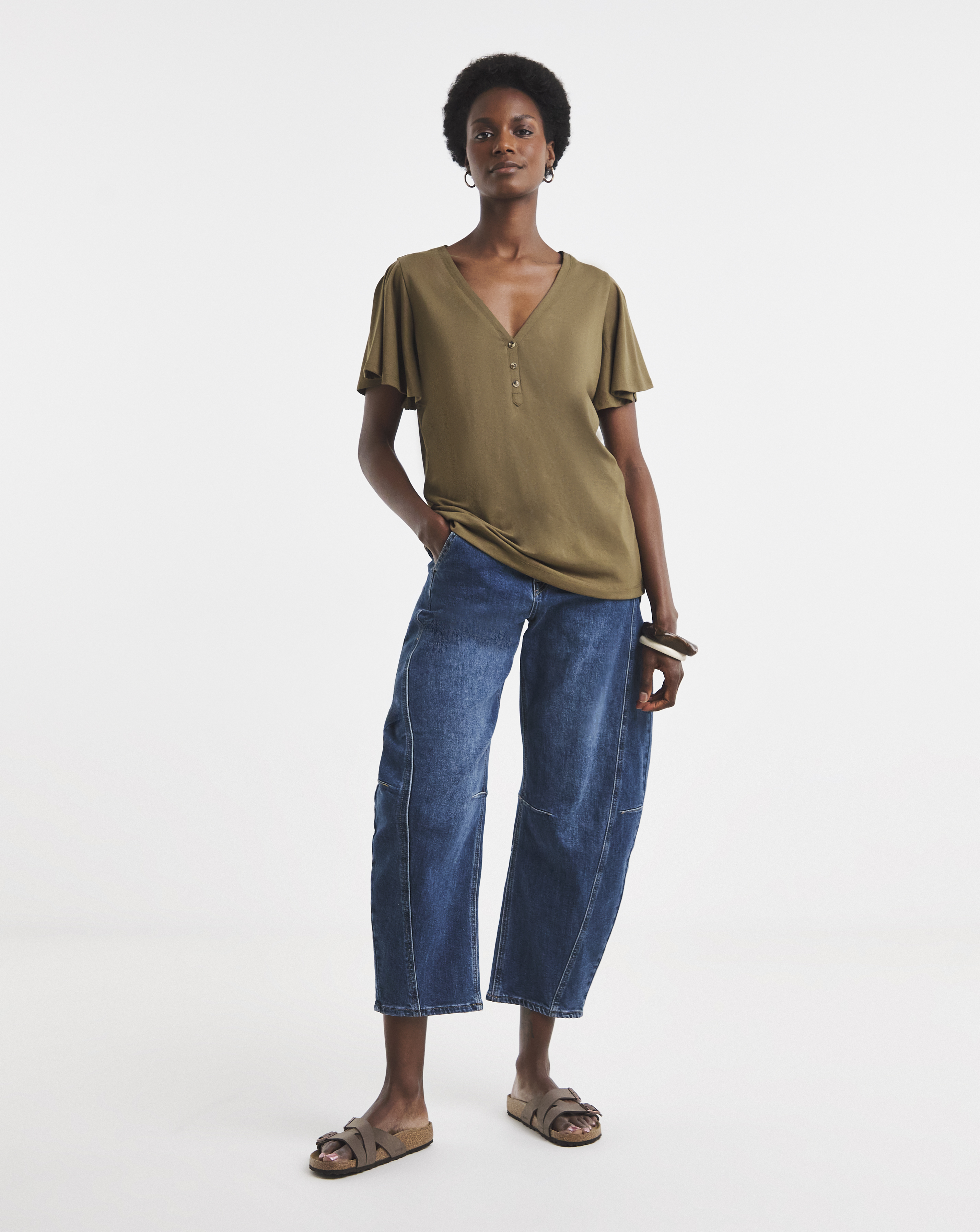 Khaki Button Front Short Sleeve Top