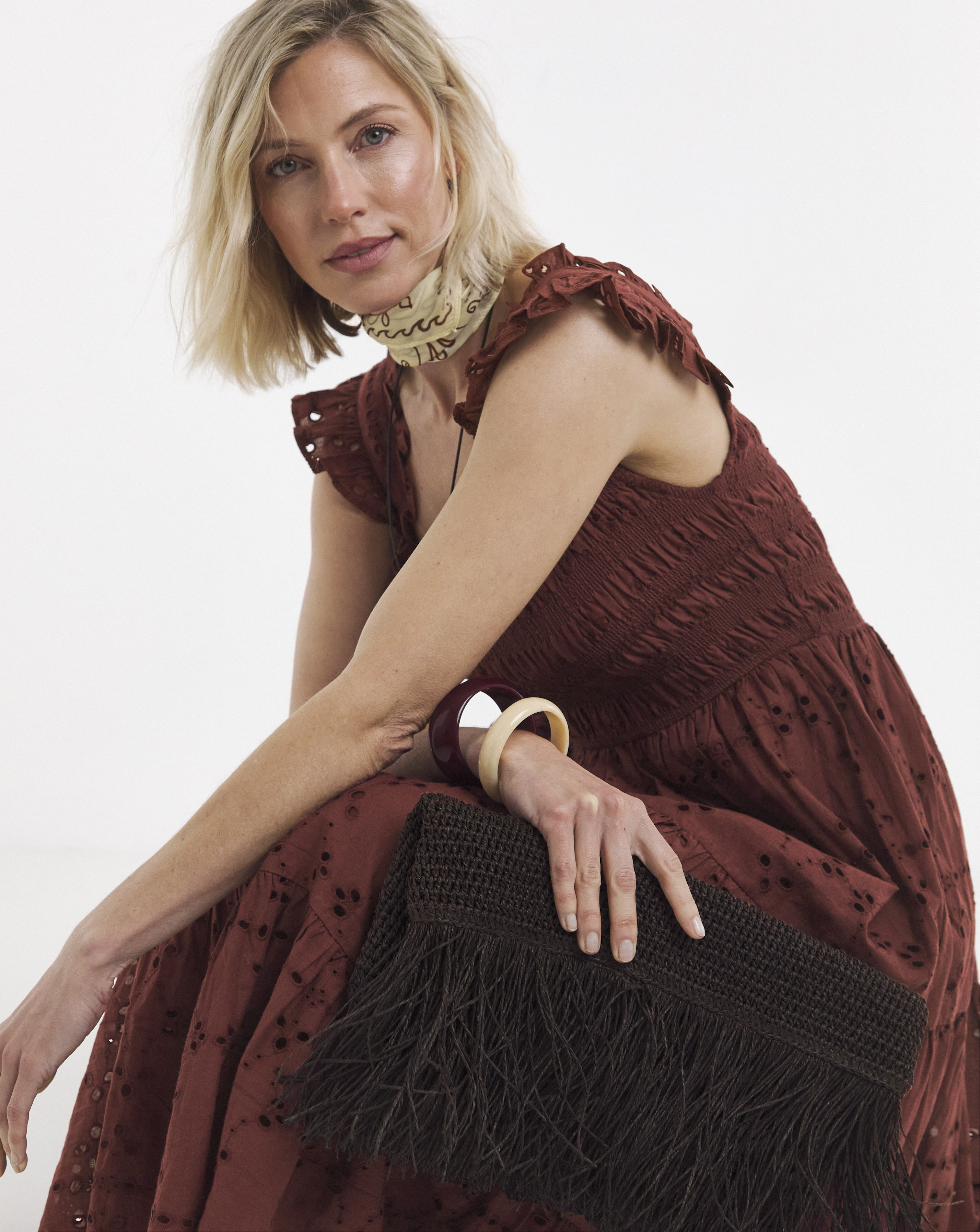 New In - Chocolate Broderie Shirred Midi Dress