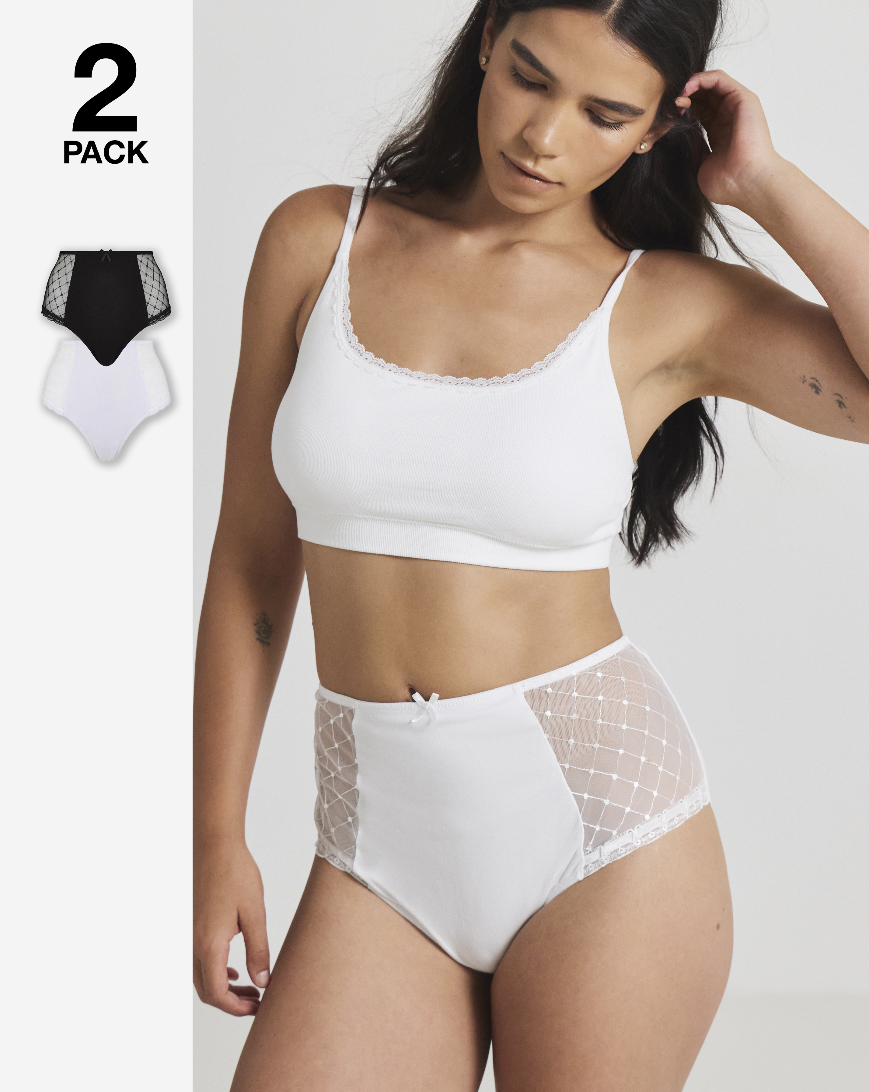 2 Pack Rachel Embroidery Deep Brief - Black/white - Size 12 - Women's
