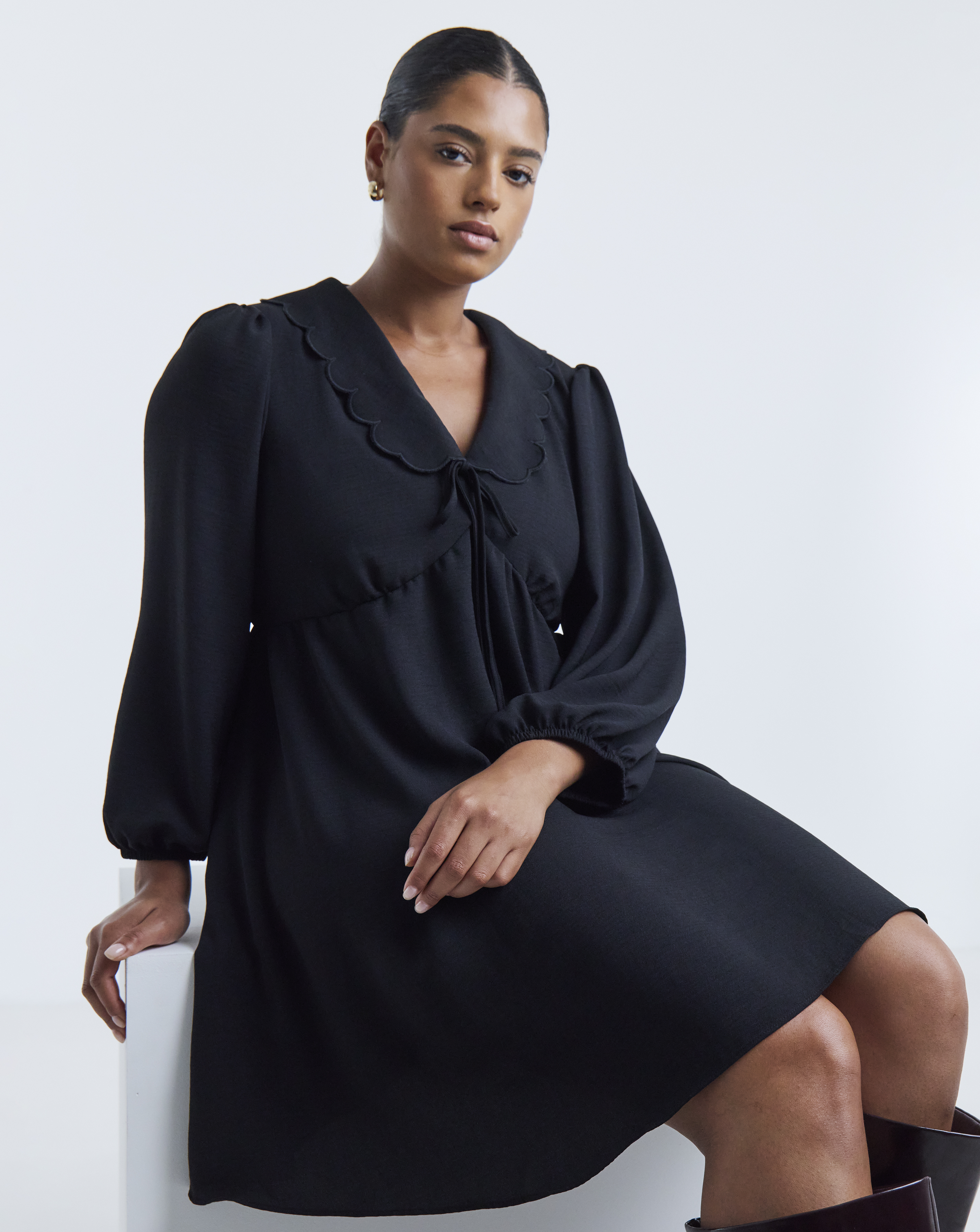 Simply Be Black Long Sleeve Collared Skater Dress