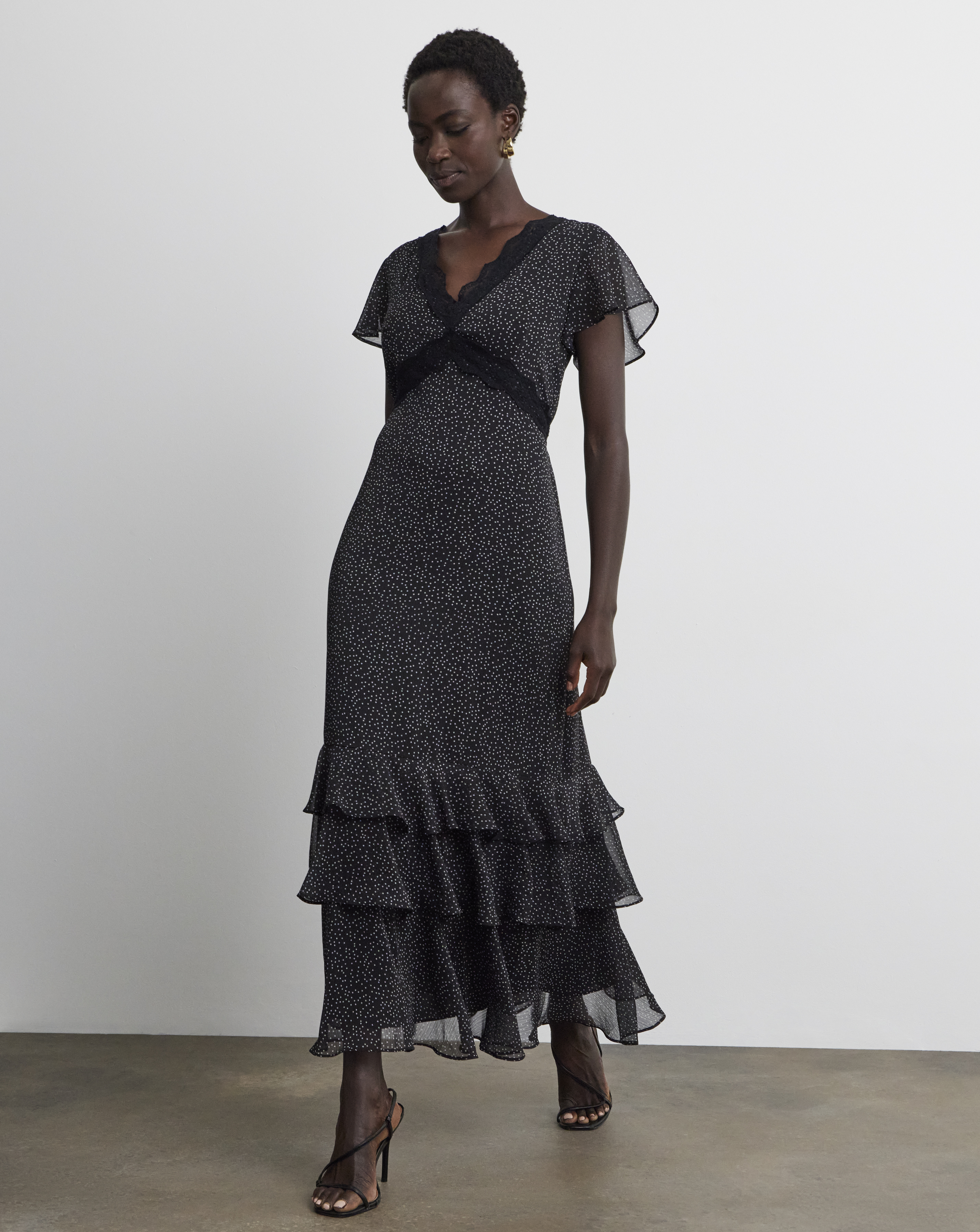 Joanna Hope Lace Trim Ruffle Midi Dress