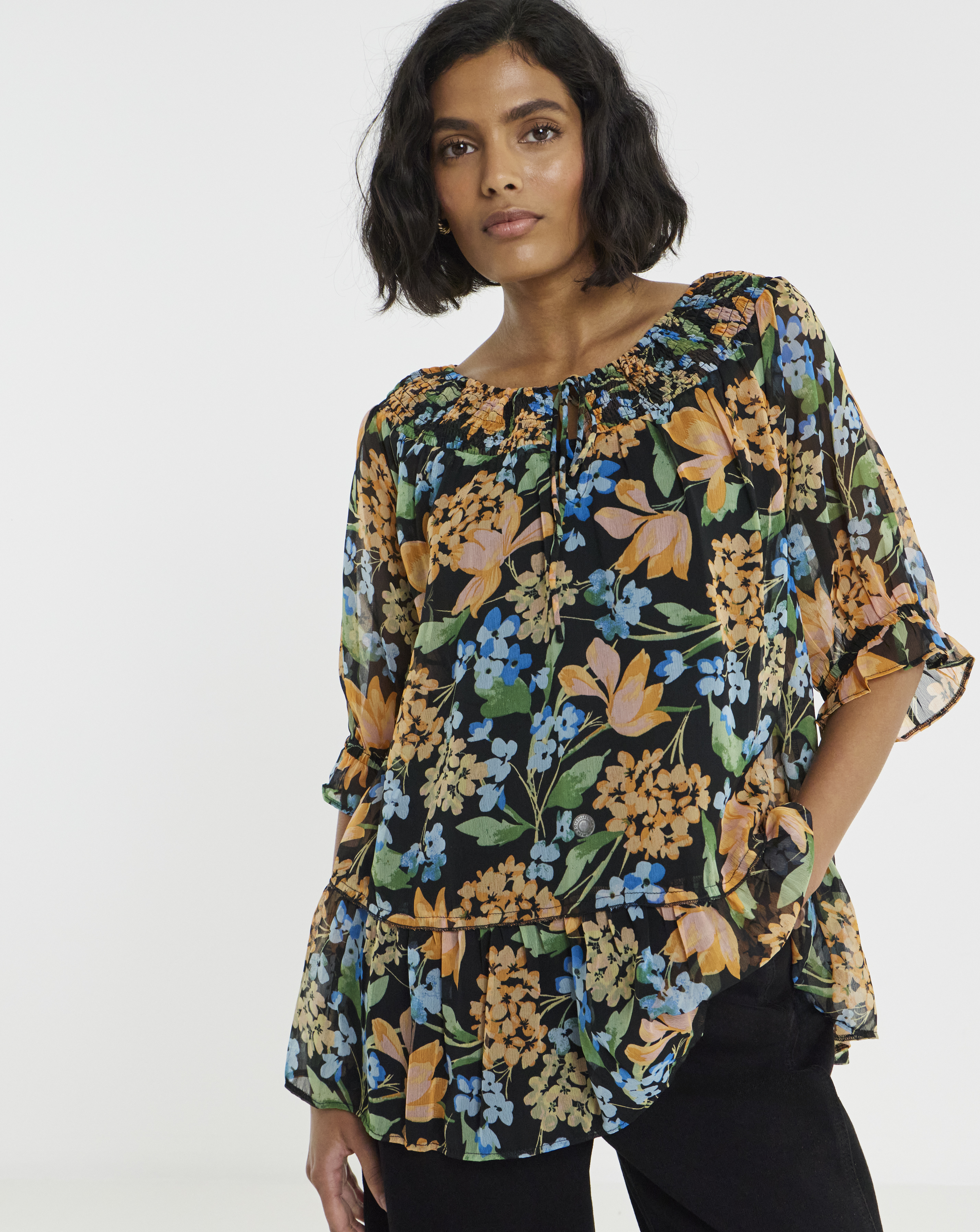 Simply Be Floral Print Shirred Neckline Short Sleeve Blouse