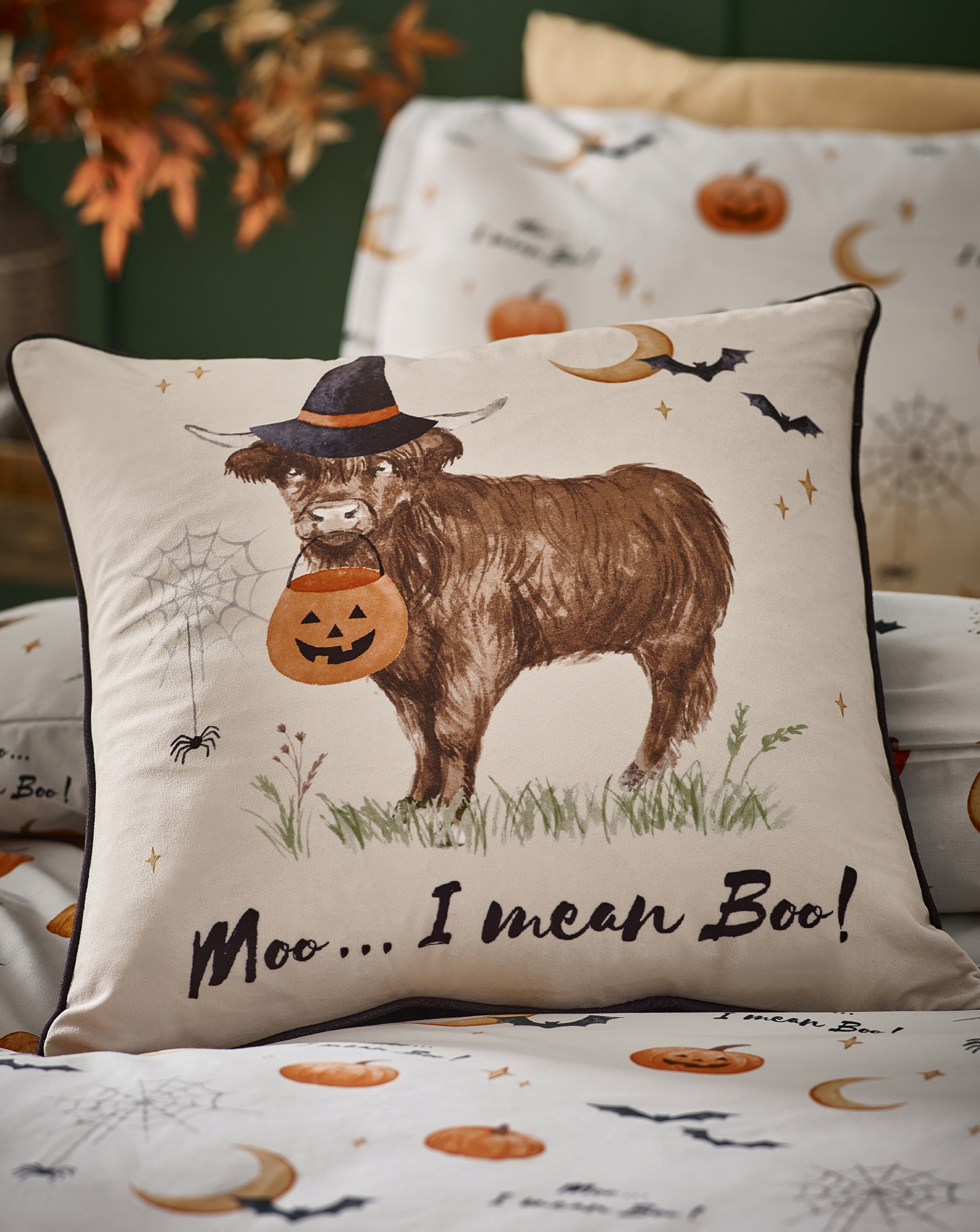 Julian Charles Natural Catherine Lansfield Halloween Highland Cow Velvet Cushion - One Size - Image 4