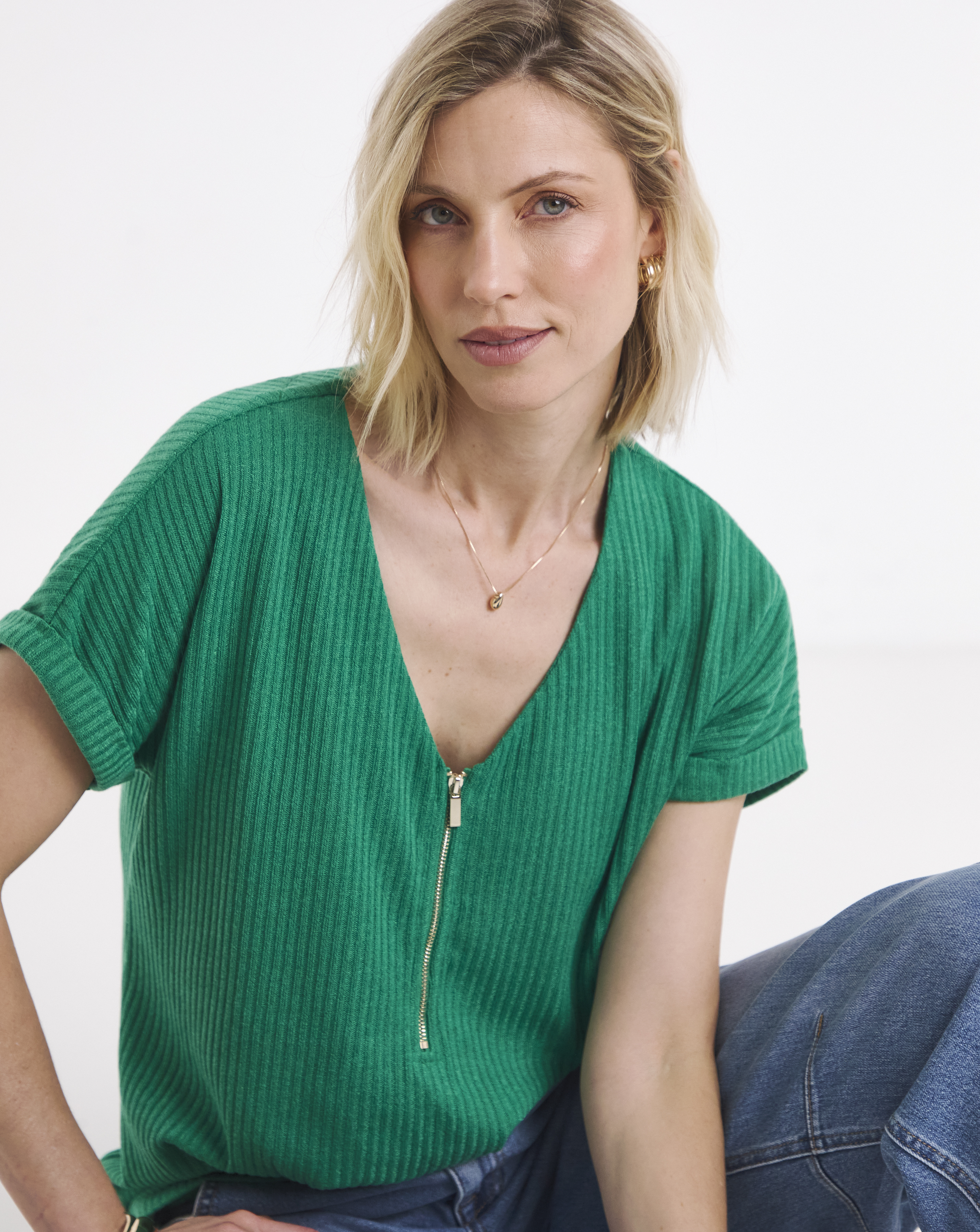 New In - V-Neck Zip Front Longline Top