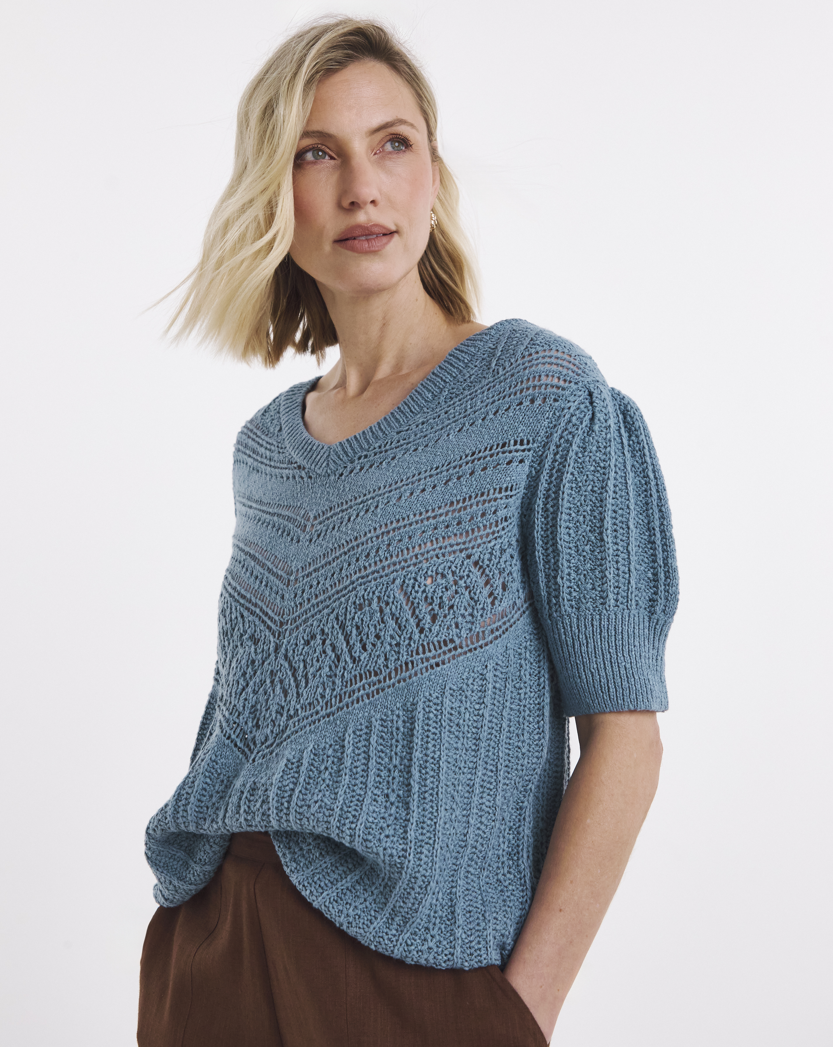 CROCHET V NECK SHORT SLEEVE JUMPER