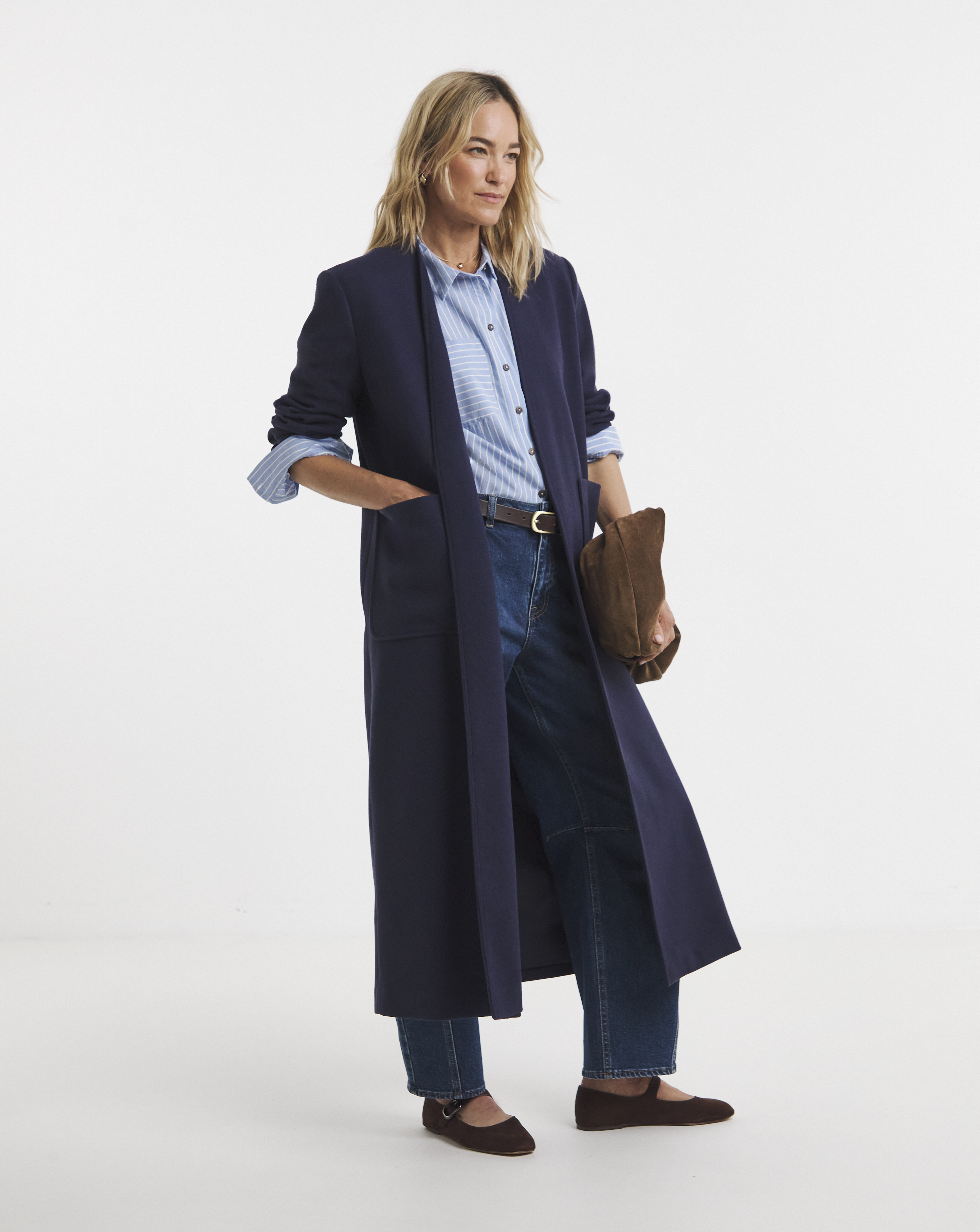 Navy Collarless Longline Coat