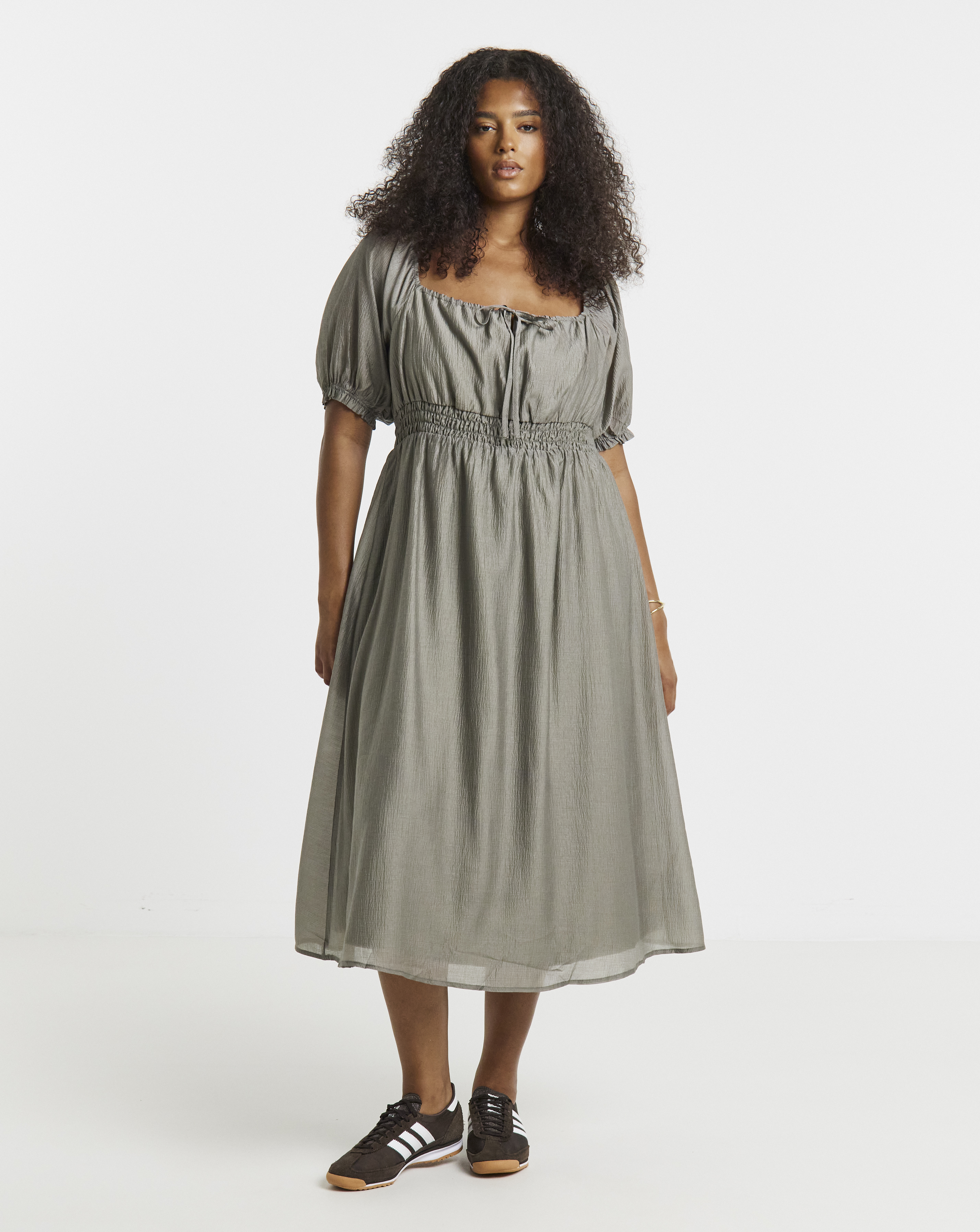 Sage Shirred Milkmaid Midi Dress - Image