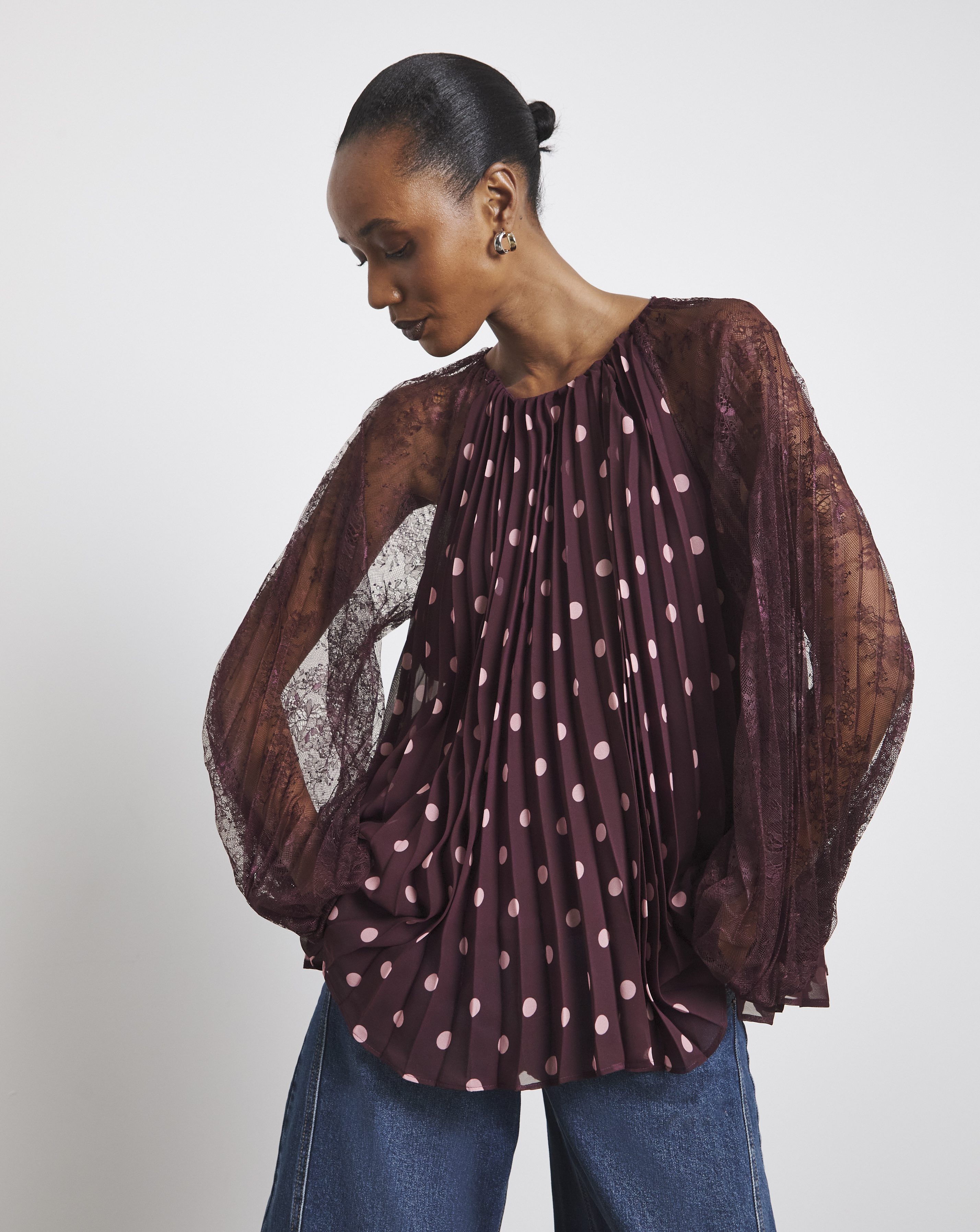 Joanna Hope Polka Dot Pleated Blouse