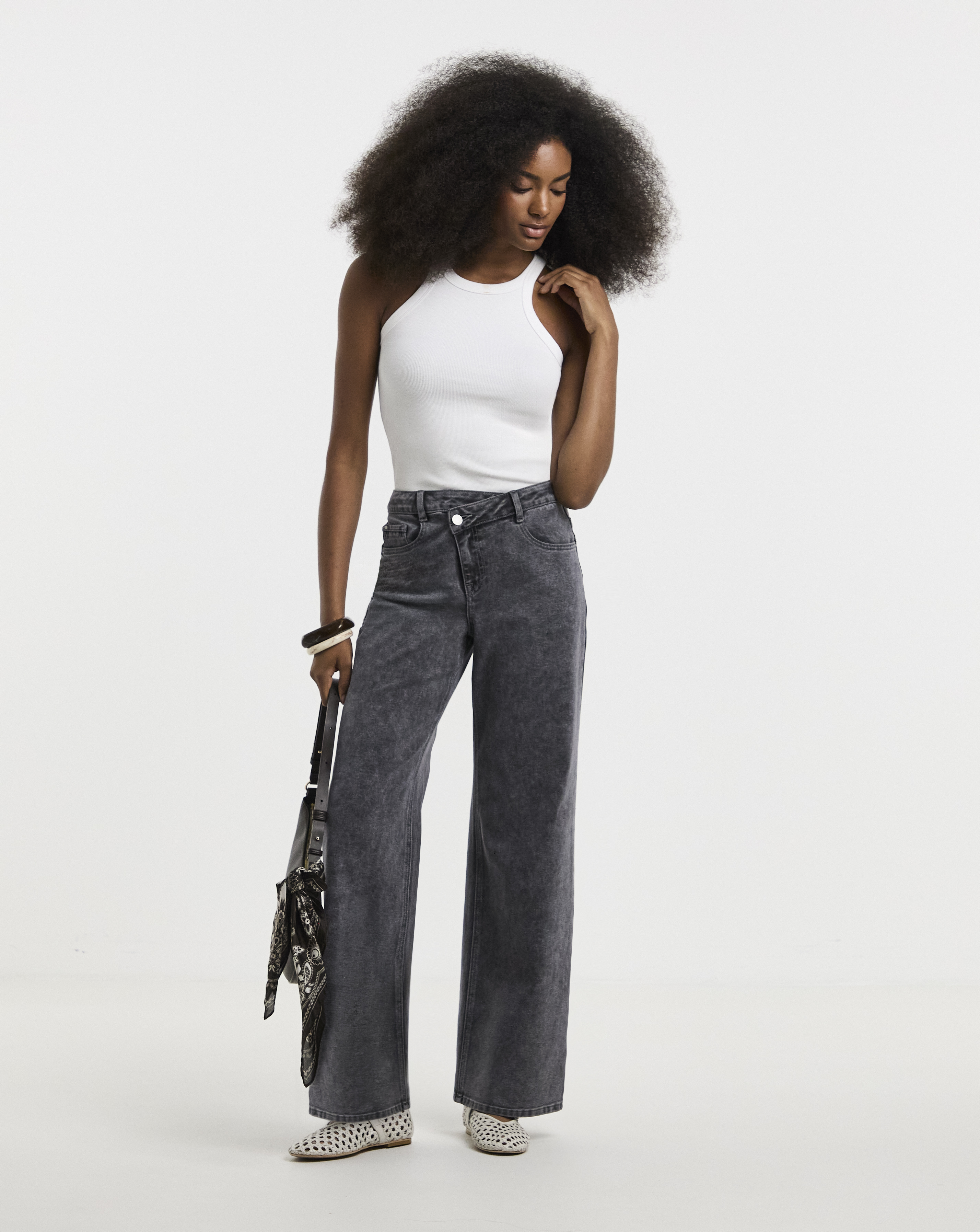 Washed Grey Crossover Straight Leg Jeans
