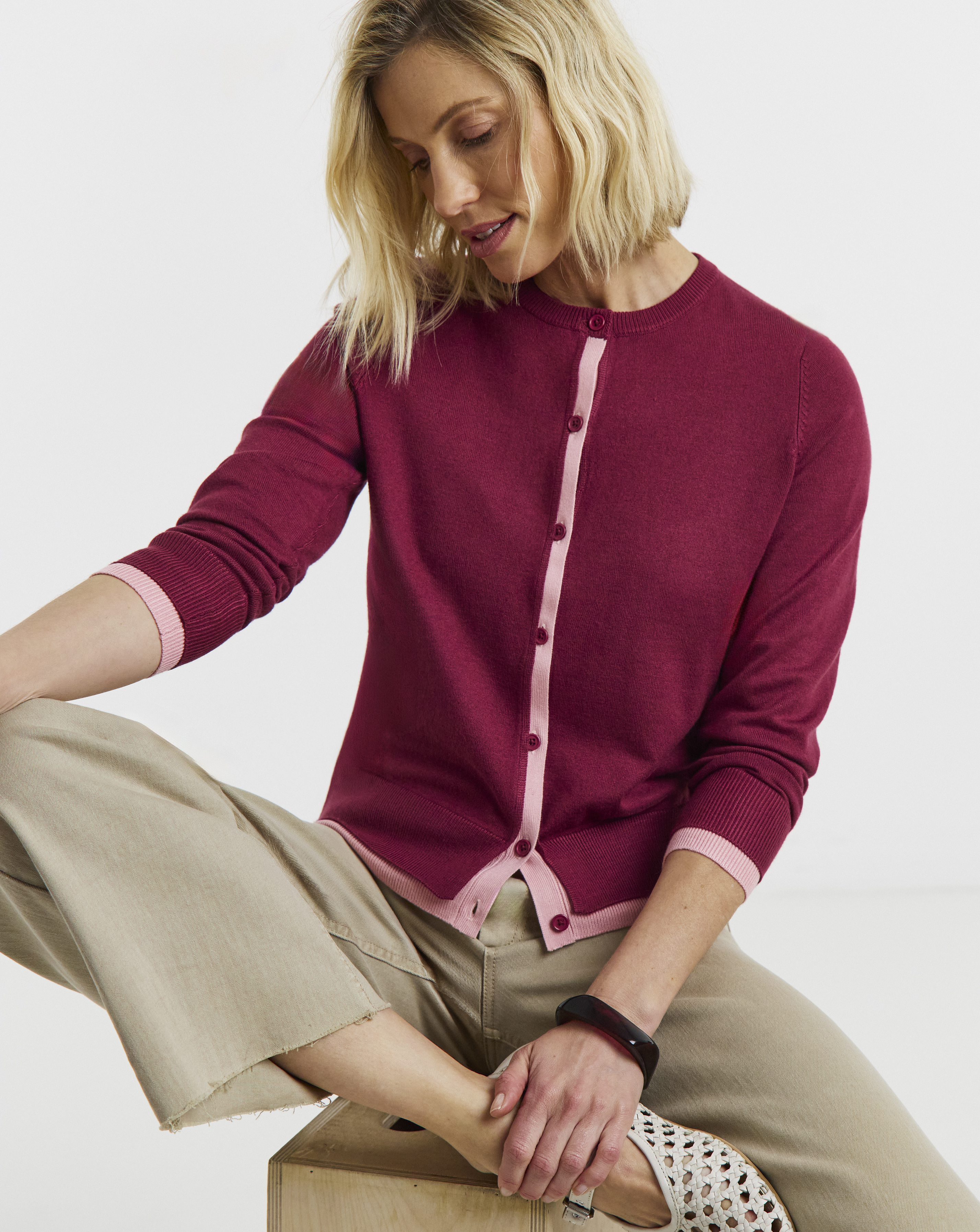 Contrast Detail Crew Neck Cardigan