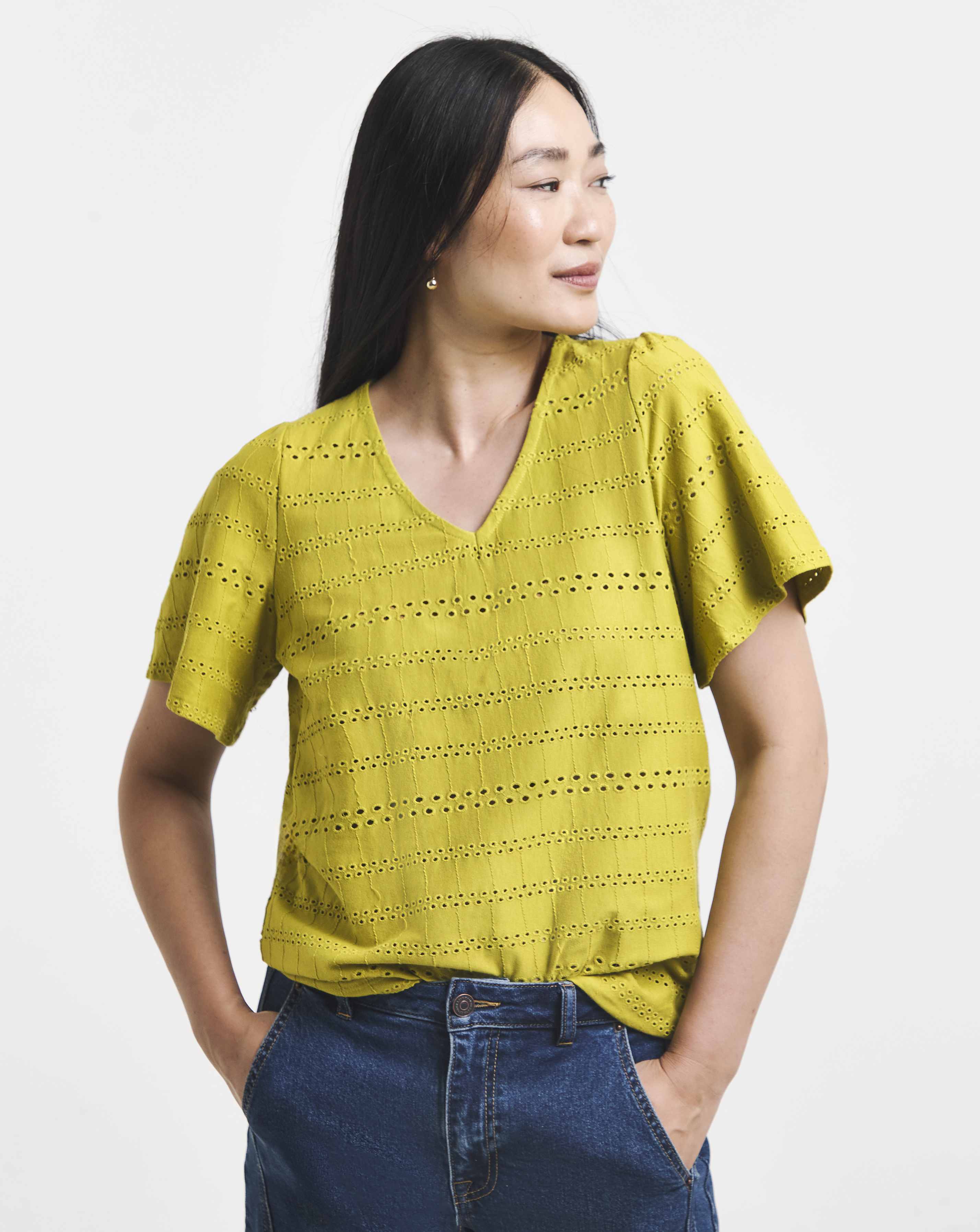 Pure Cotton Green V - Neck Broderie Top