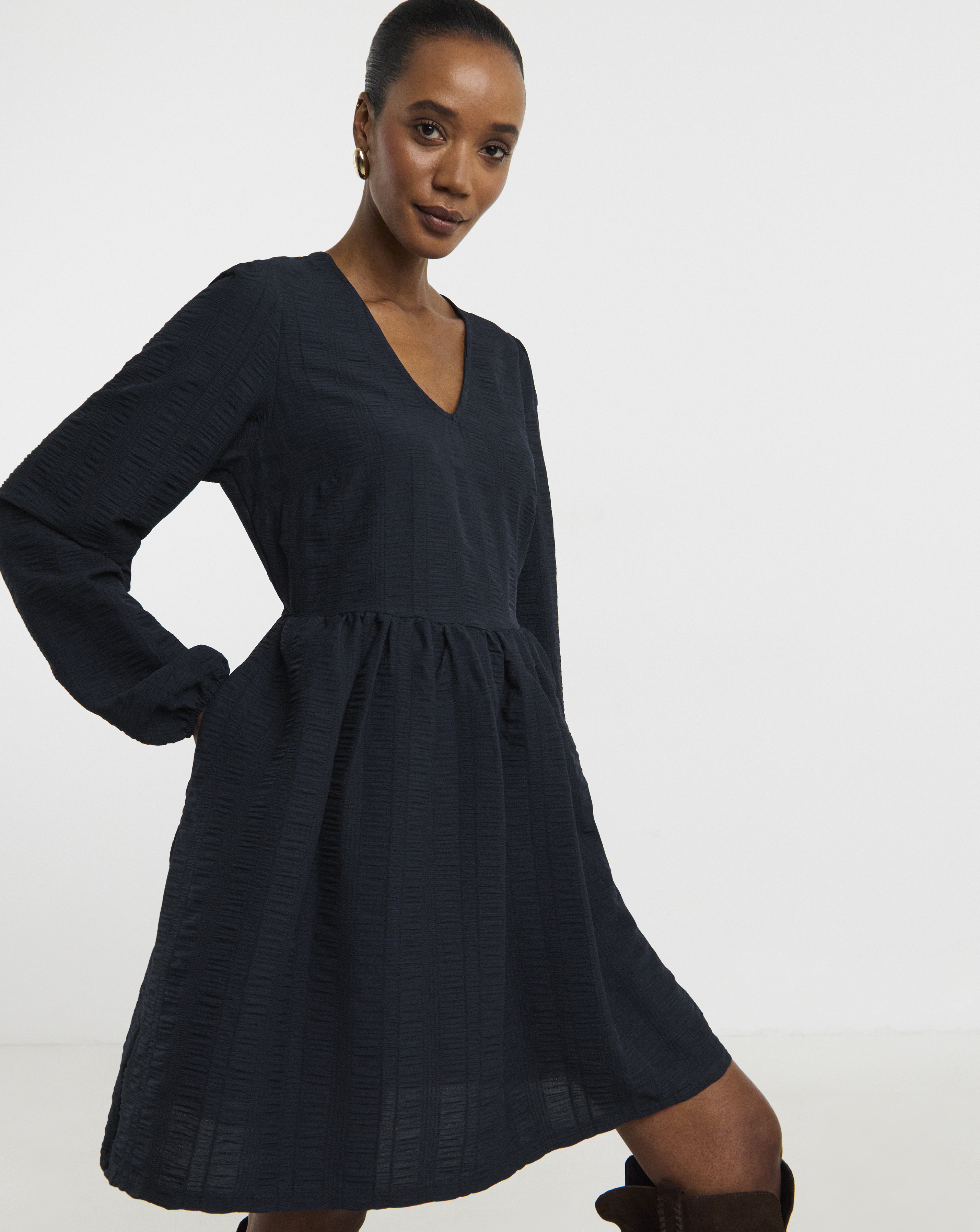 Textured Waist Detail Smock Mini Dress