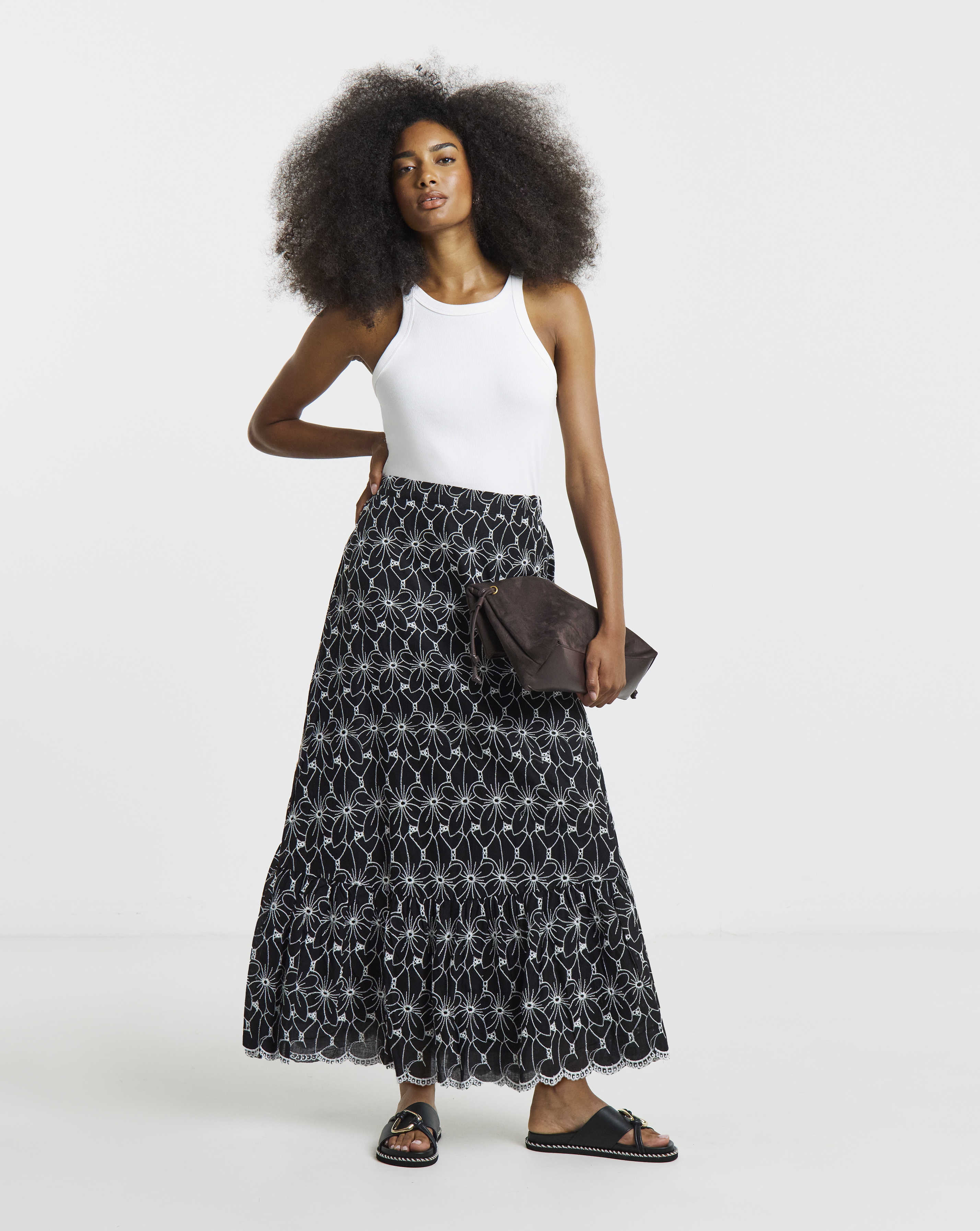 Lovedrobe Broderie Elasticated Back Waist Tiered Midaxi Skirt