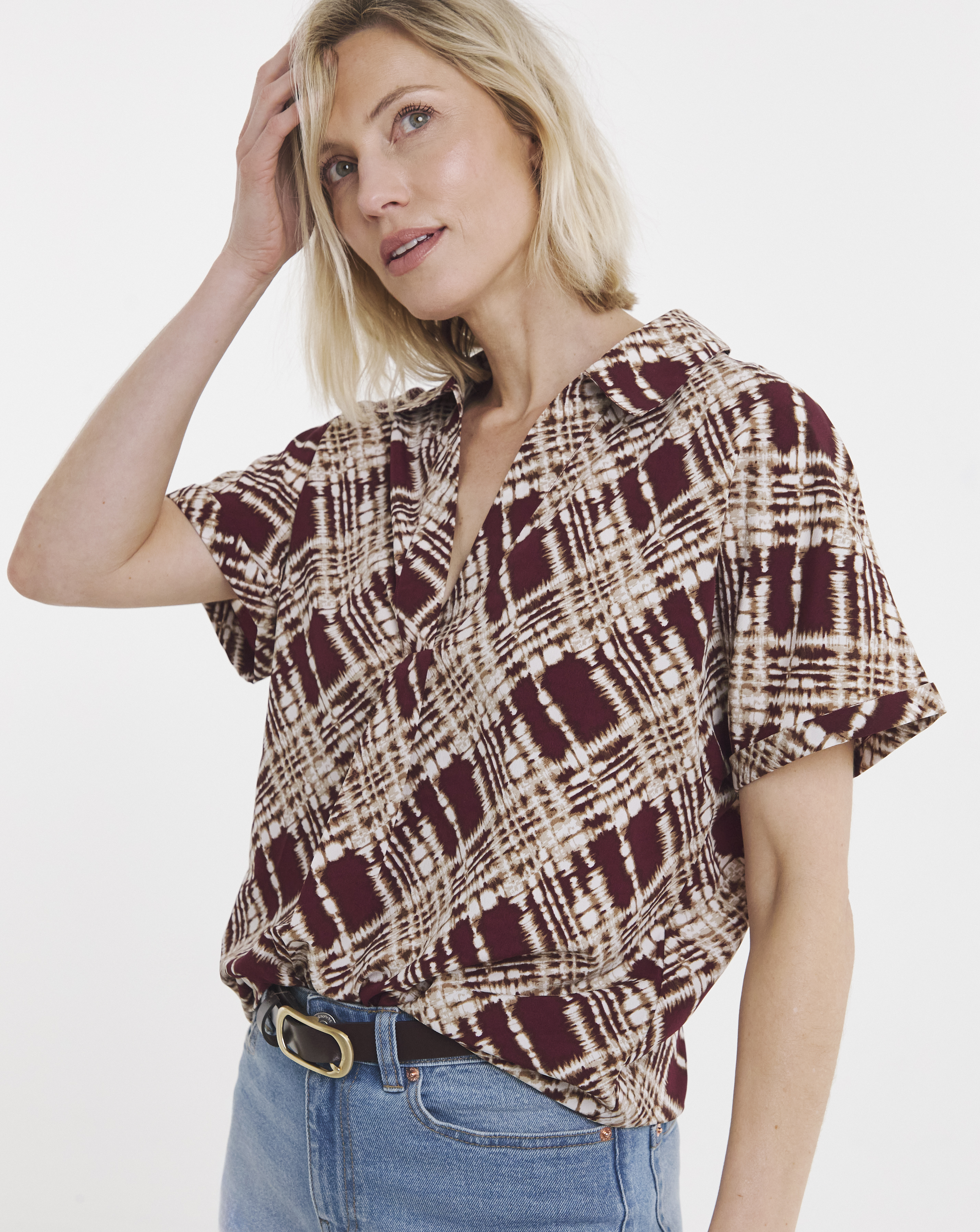 Check Print Collar Tunic Top