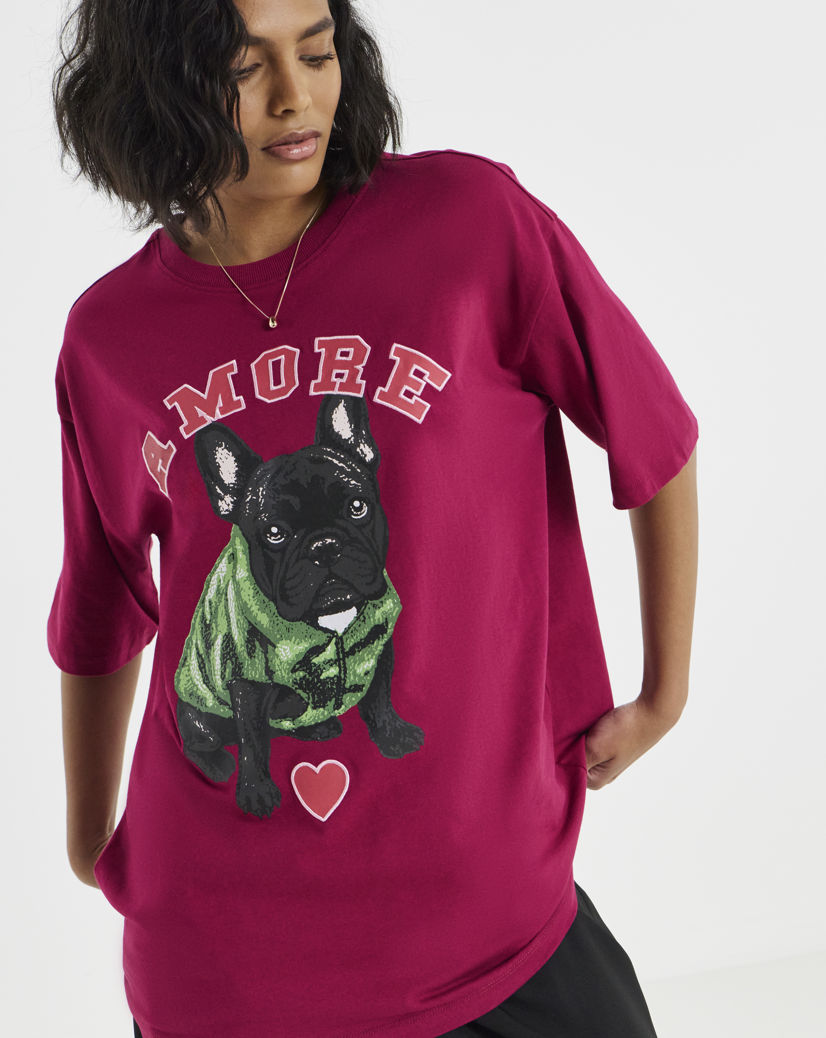 Simply Be Aubergine Dog Oversized Graphic T-Shirt