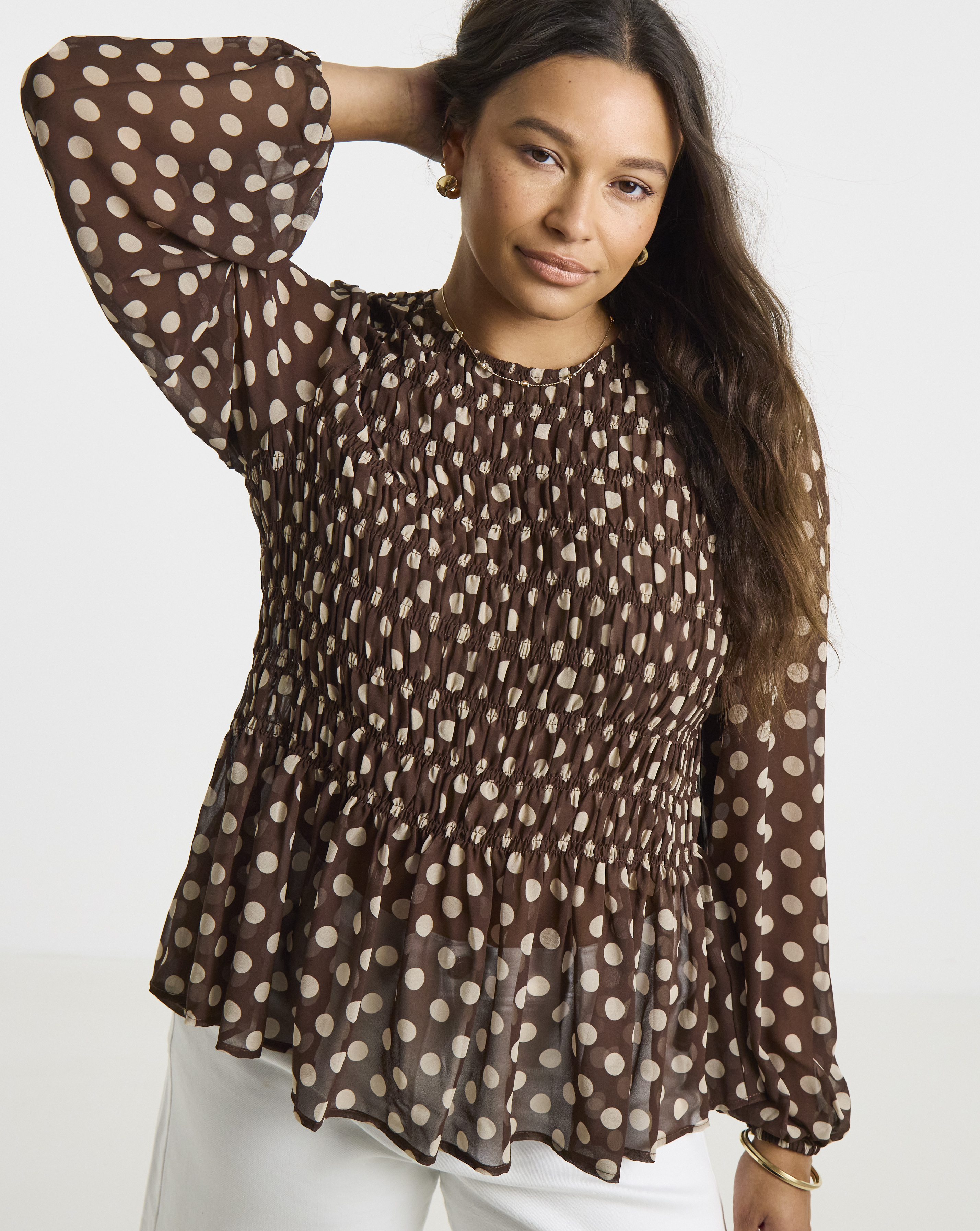 Simply Be Brown Spot Shirred Blouse