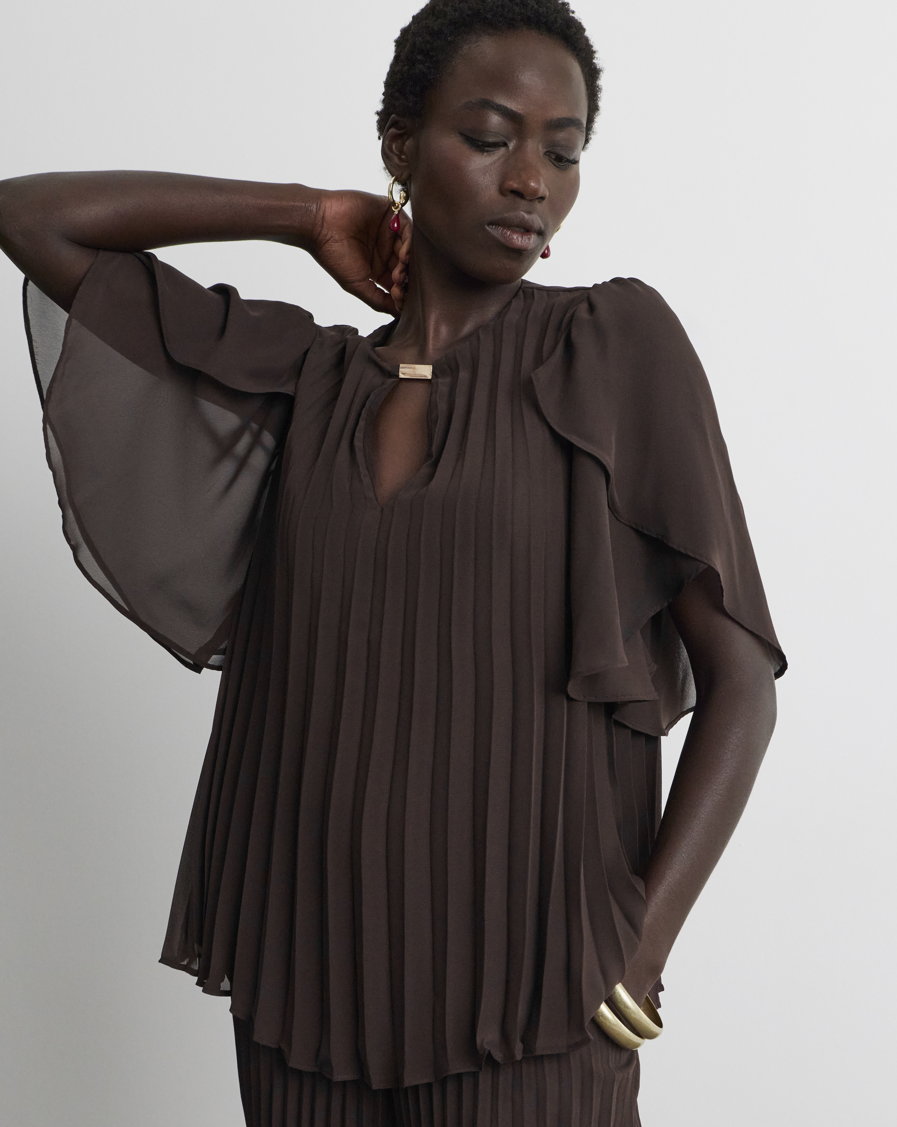 Joanna Hope Pleated Keyhole Blouse