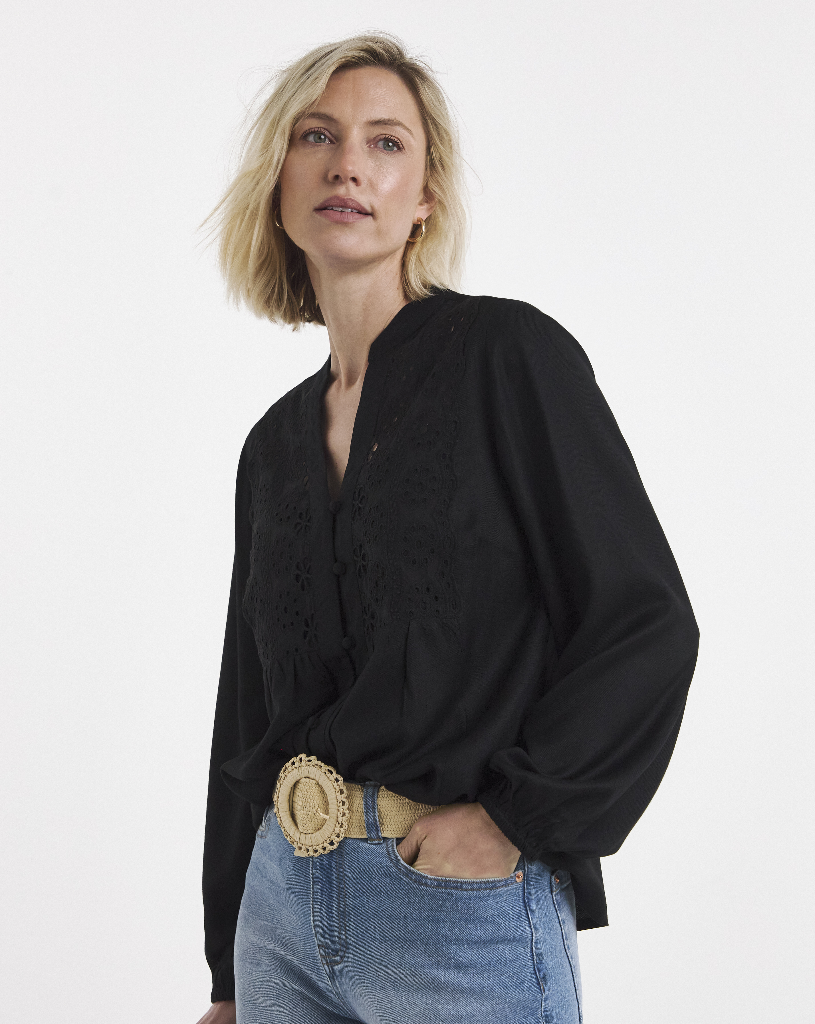 Broderie Trim Long Sleeve Blouse