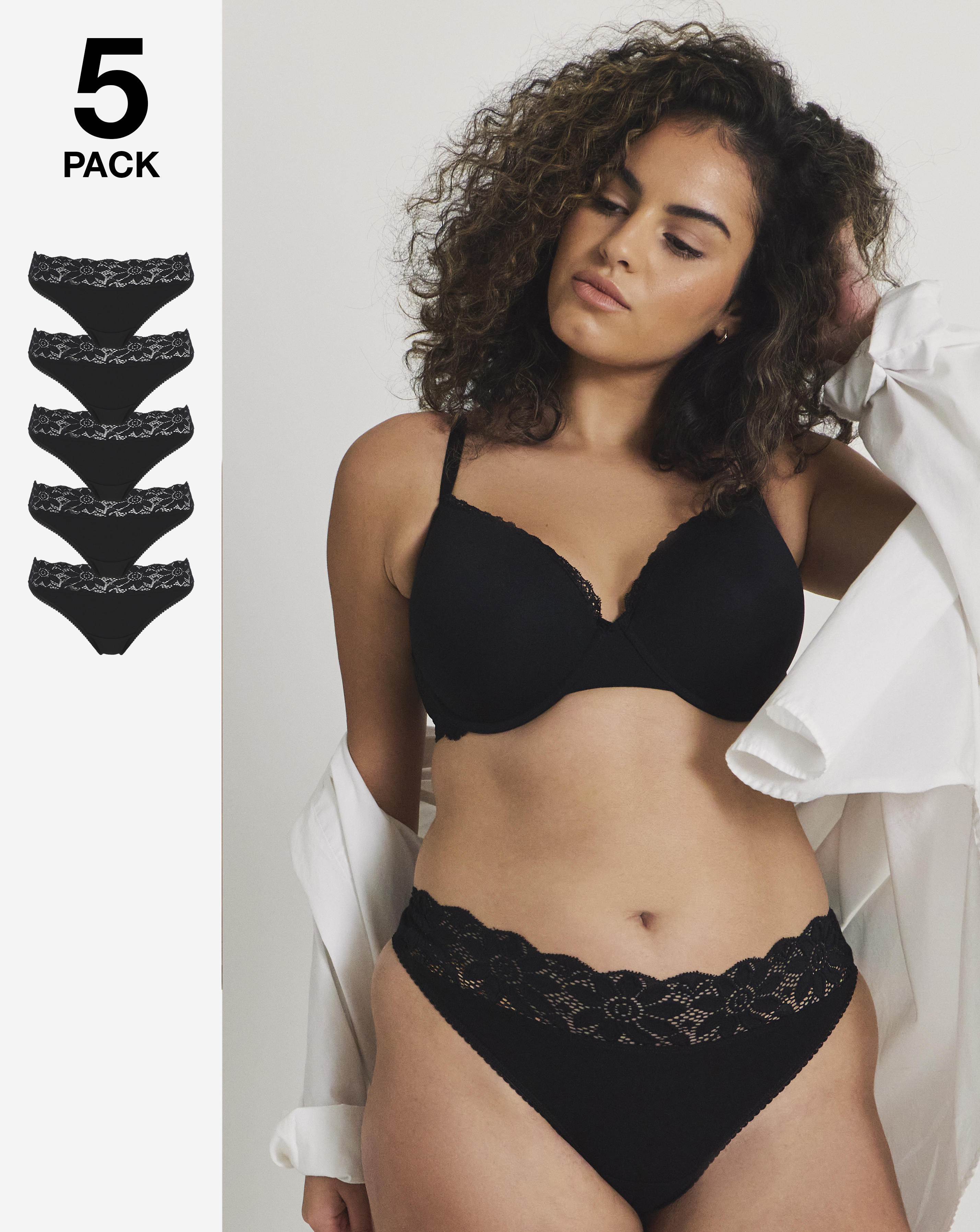 Pretty Secrets Plus Size 5 Pack Lace Top Thongs In Black | UK Size 16/18 Women's