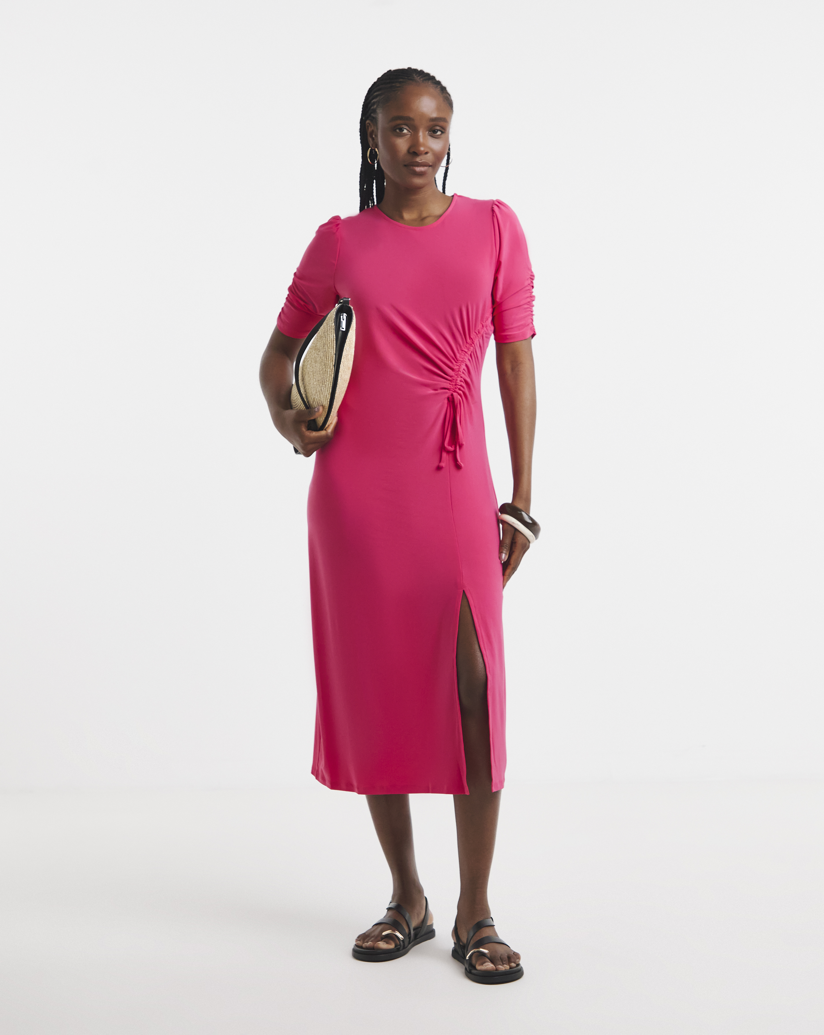 Simply Be - Women's Pink Ruched Sleeve Midi Dress - Size 10 - Pink - 96% Polyester 4% Elastane