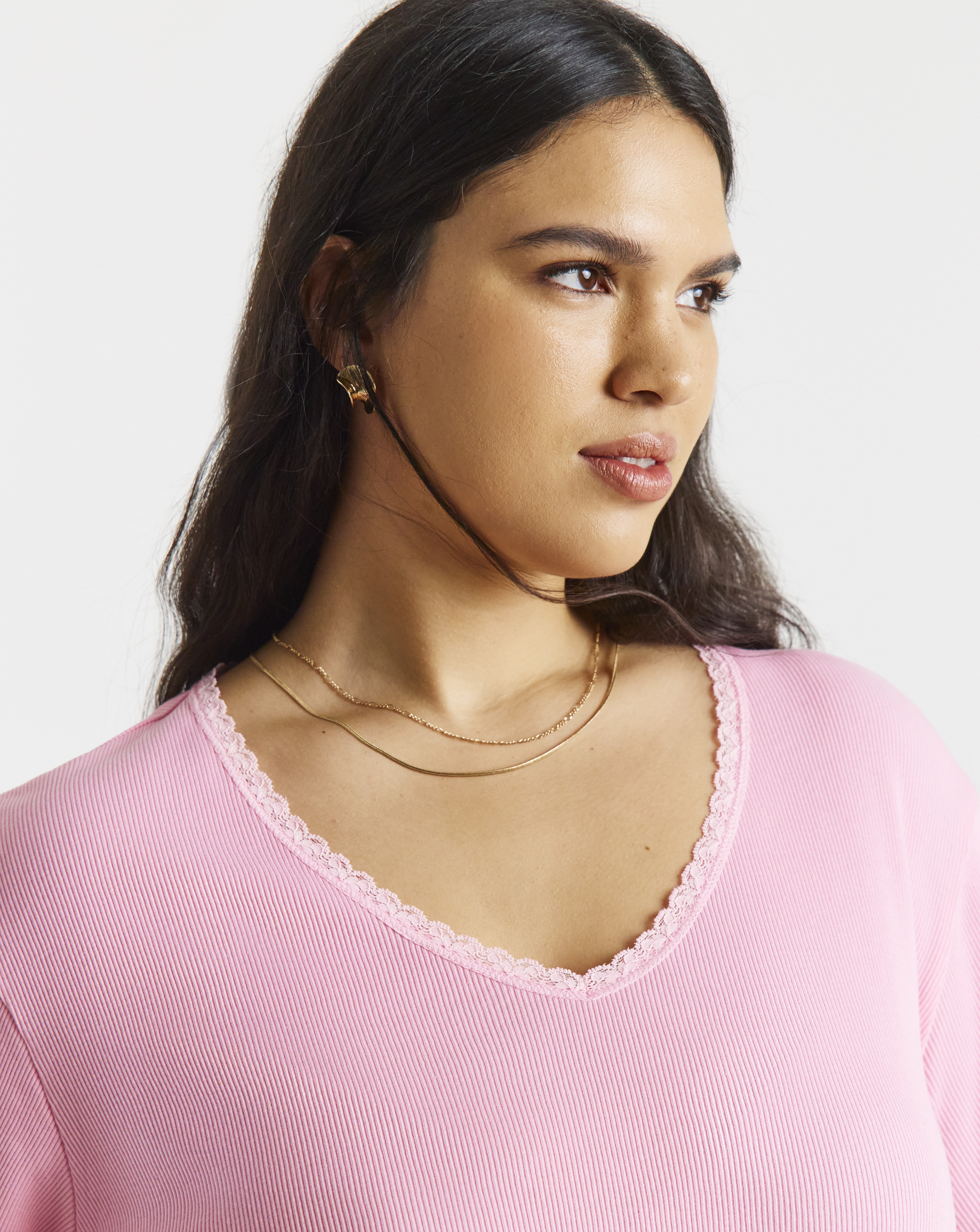 Rib V Neck Lace Trim T-Shirt