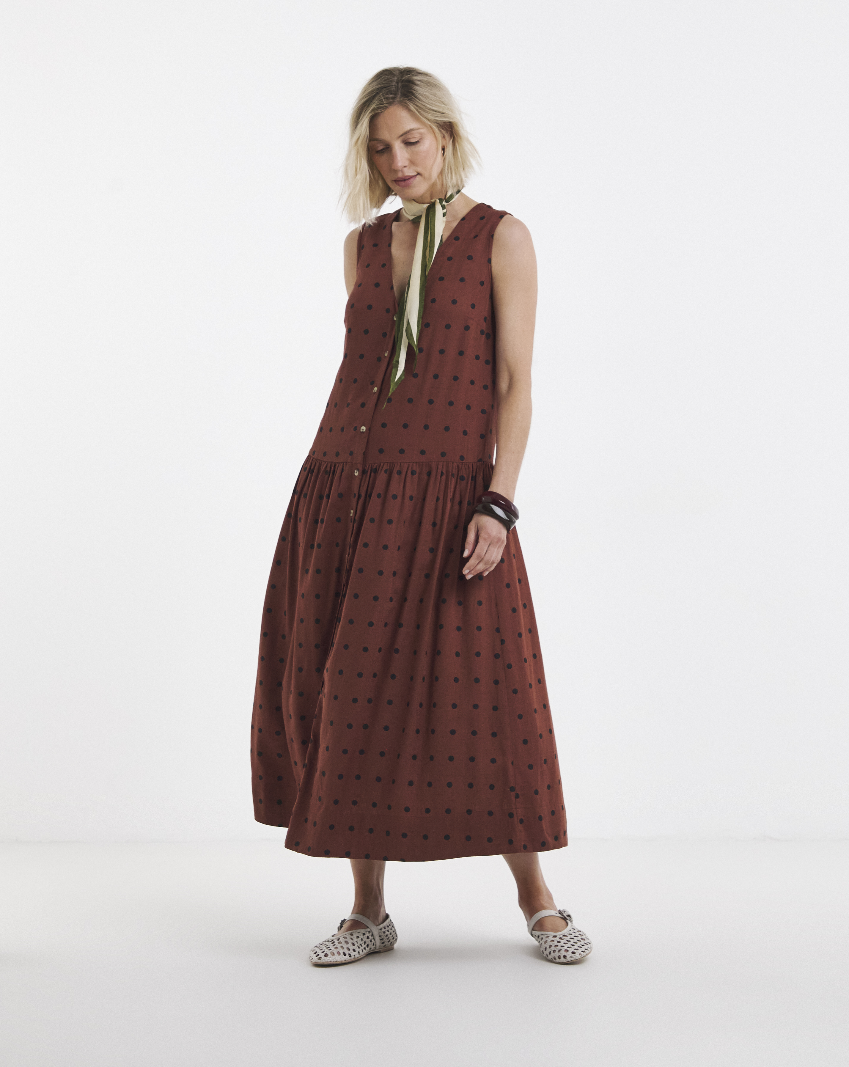New In - Linen Drop Waist Button Through Dress