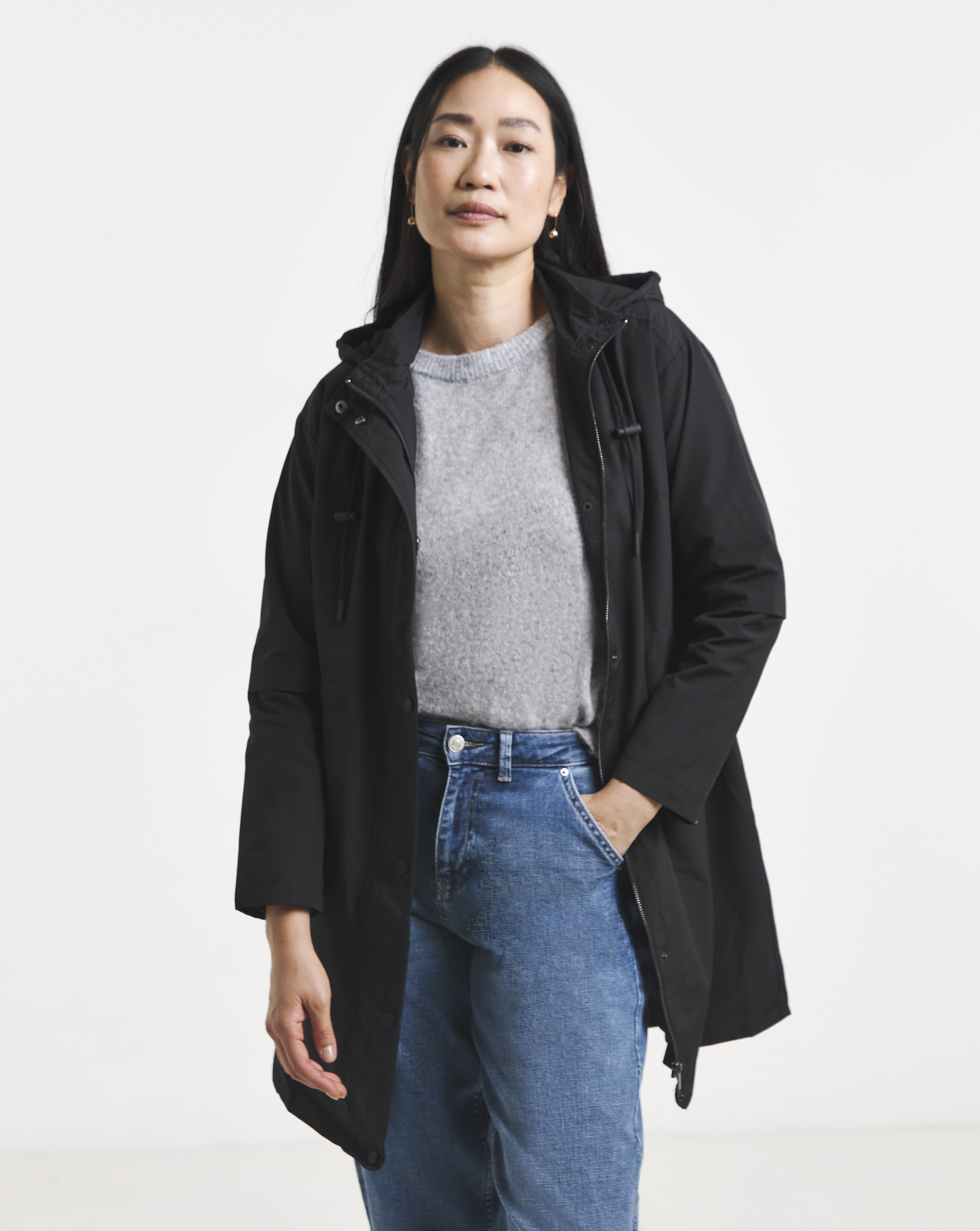 Black Longline Shower Resist Rain Jacket
