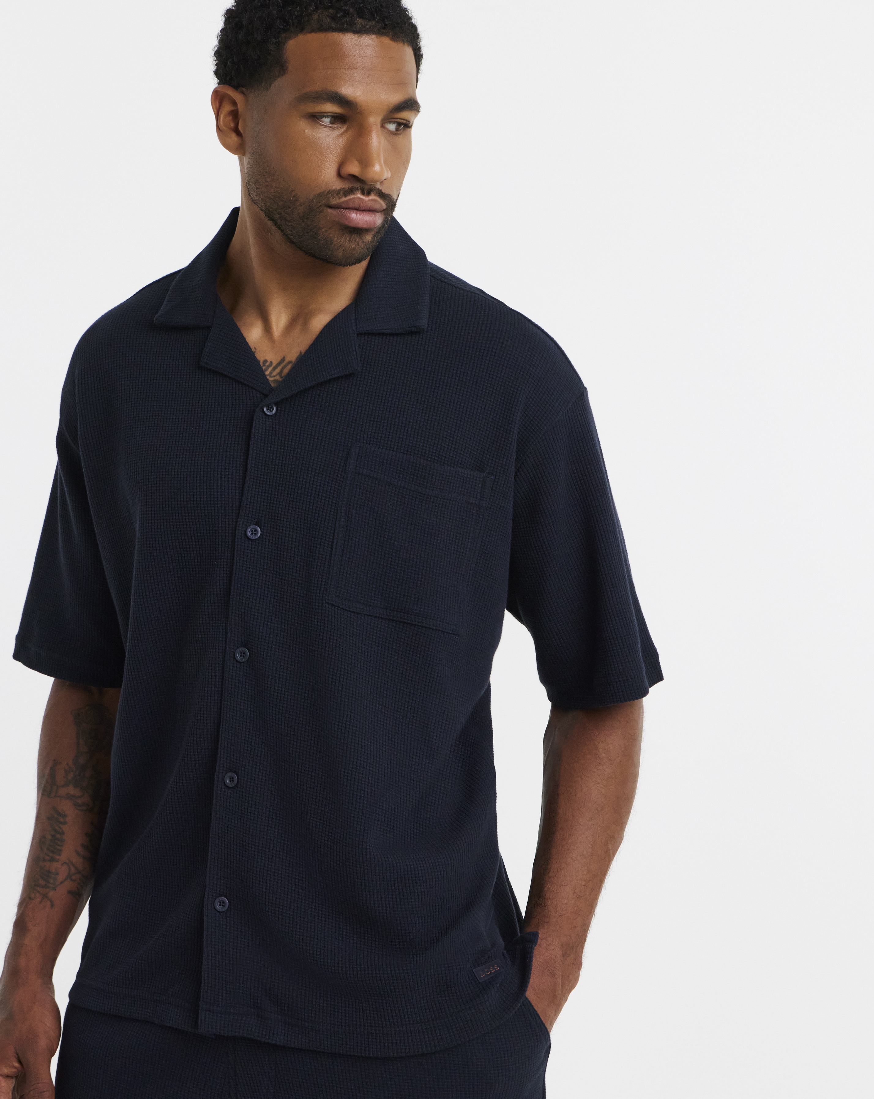 New In - BOSS Waffle Resort Shirt - Navy