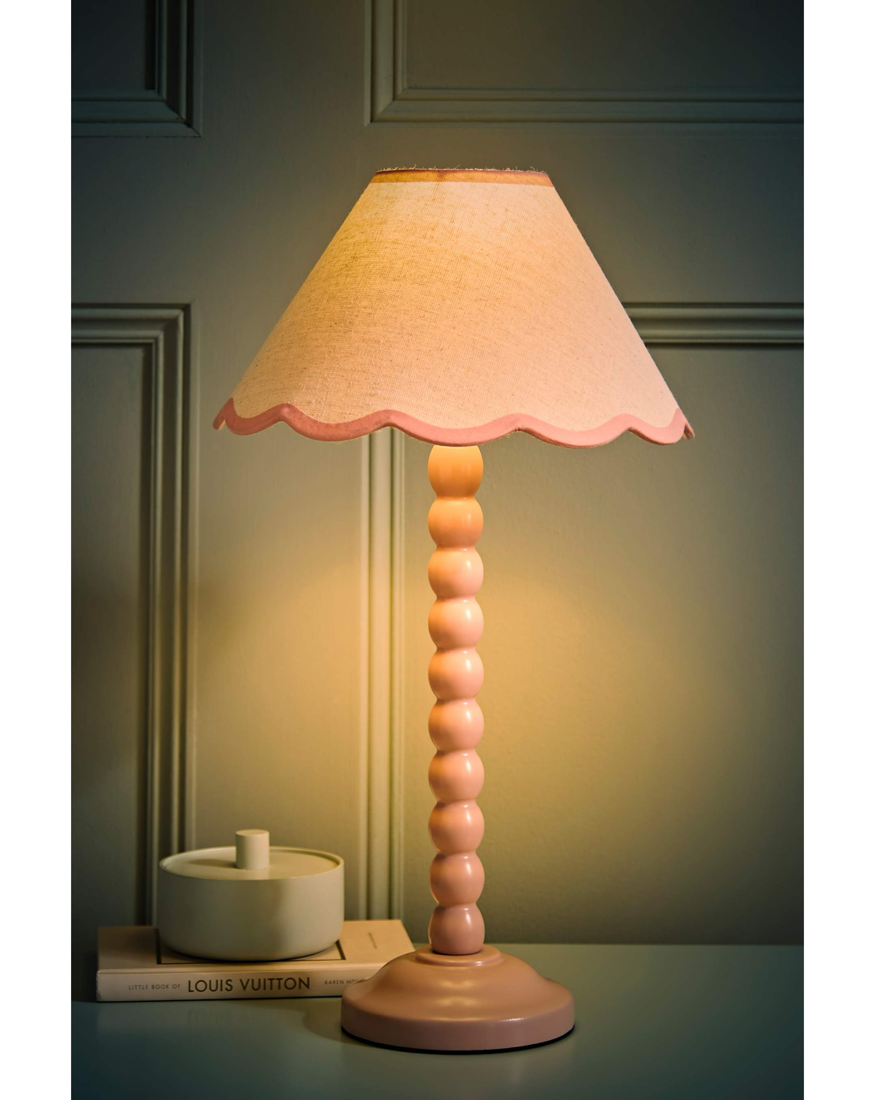 ValueLights Bobbles Rose Pink Bobbin Table Lamp with Pink Trim Scallop Shade