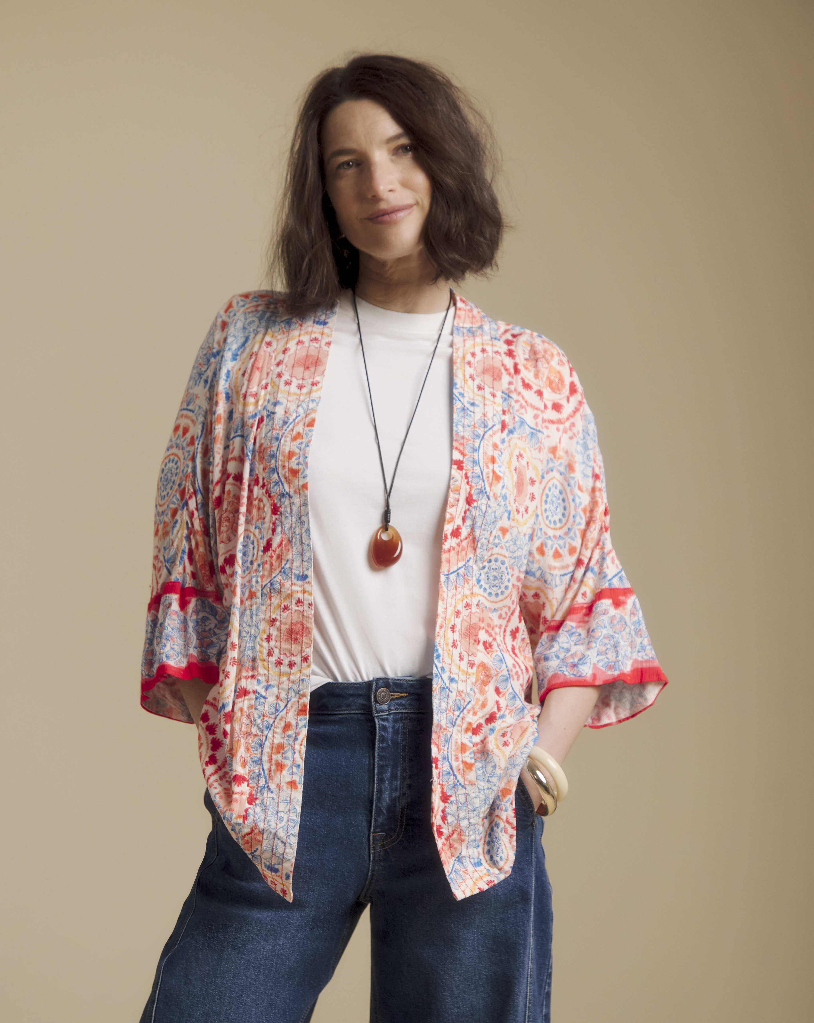 Julipa Printed Embroidered Textured Crinkle Kimono