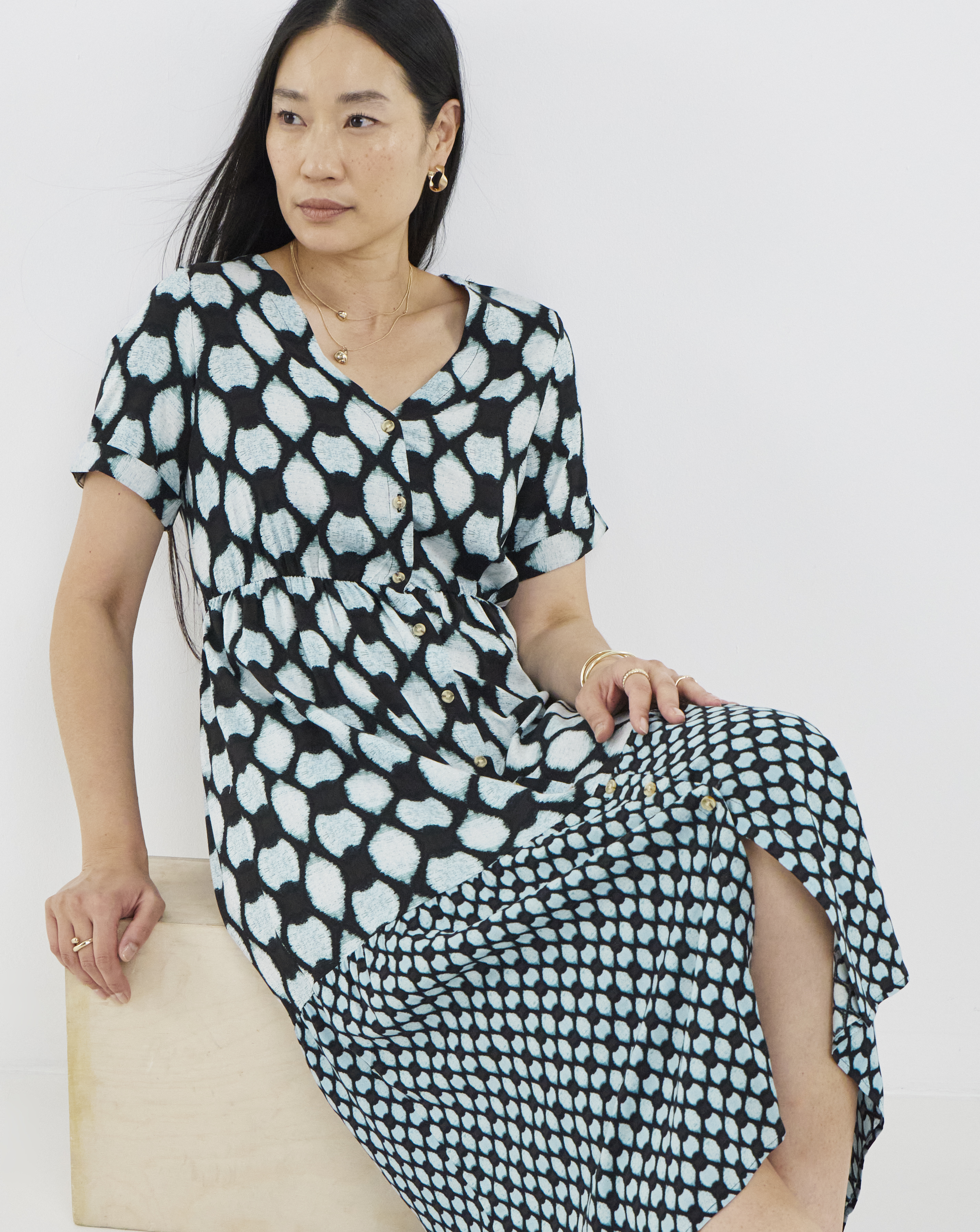 Contrast Print Button Through Dress
