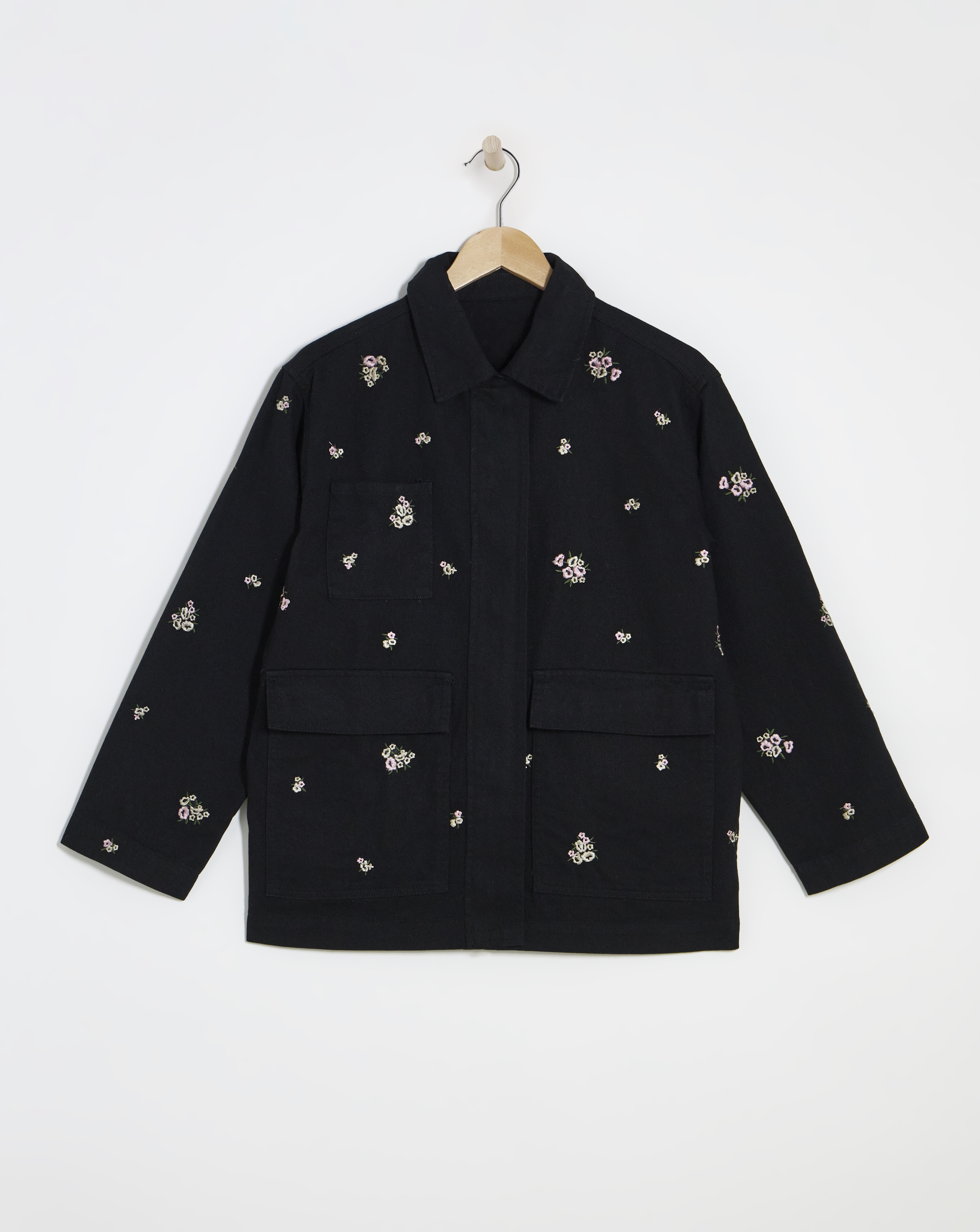 Simply Be Washed Black Floral Embroidered Utility Shacket