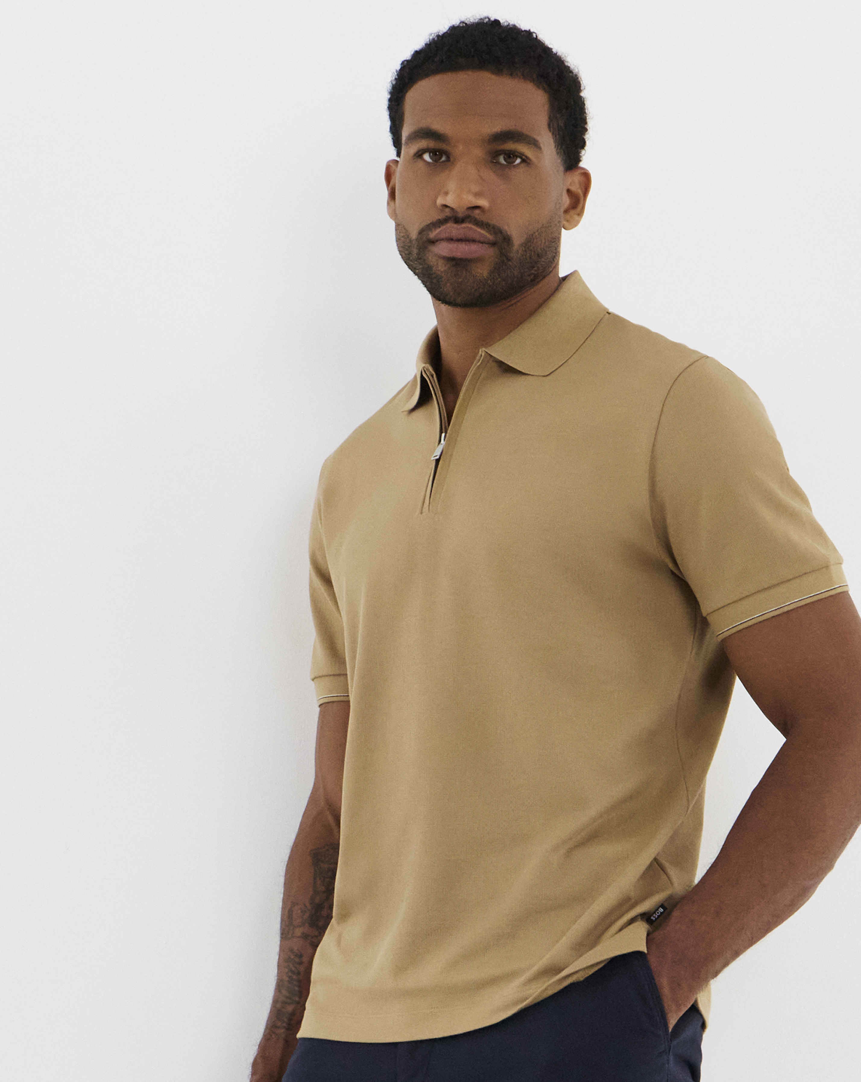 New In - BOSS Short Sleeve Zip Neck Polo - Beige