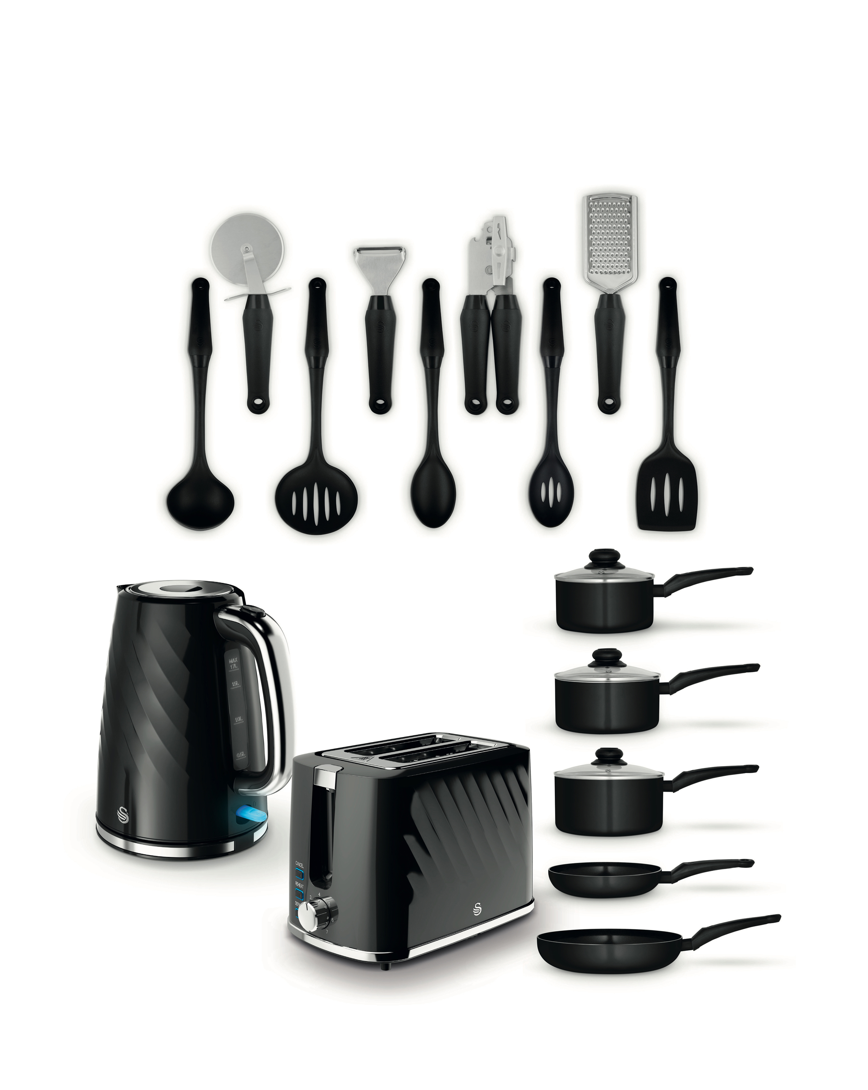 Swan Black Kettle, Toaster, pan + tool