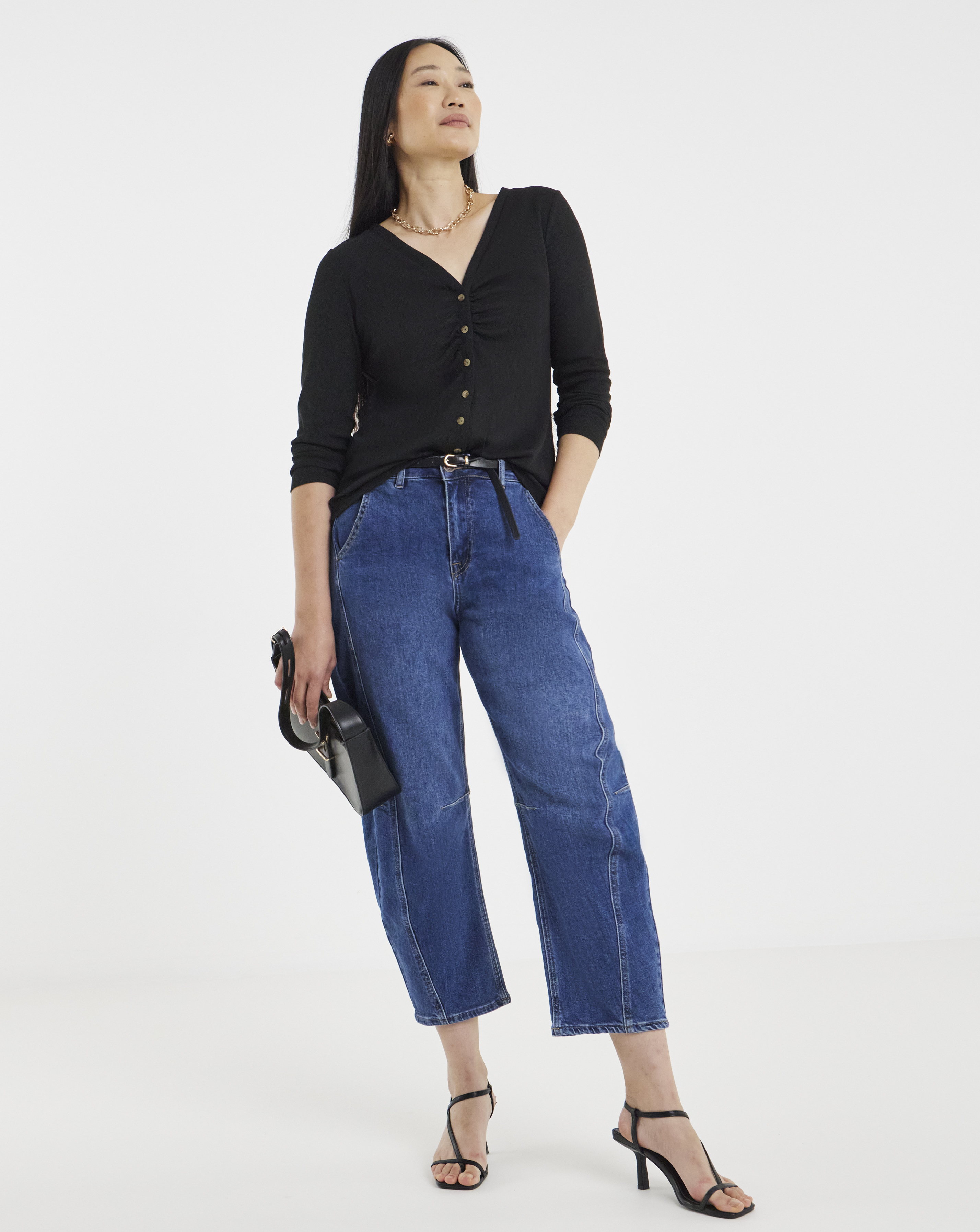 Black Long Sleeve Ribbed Ruched Front Cardigan