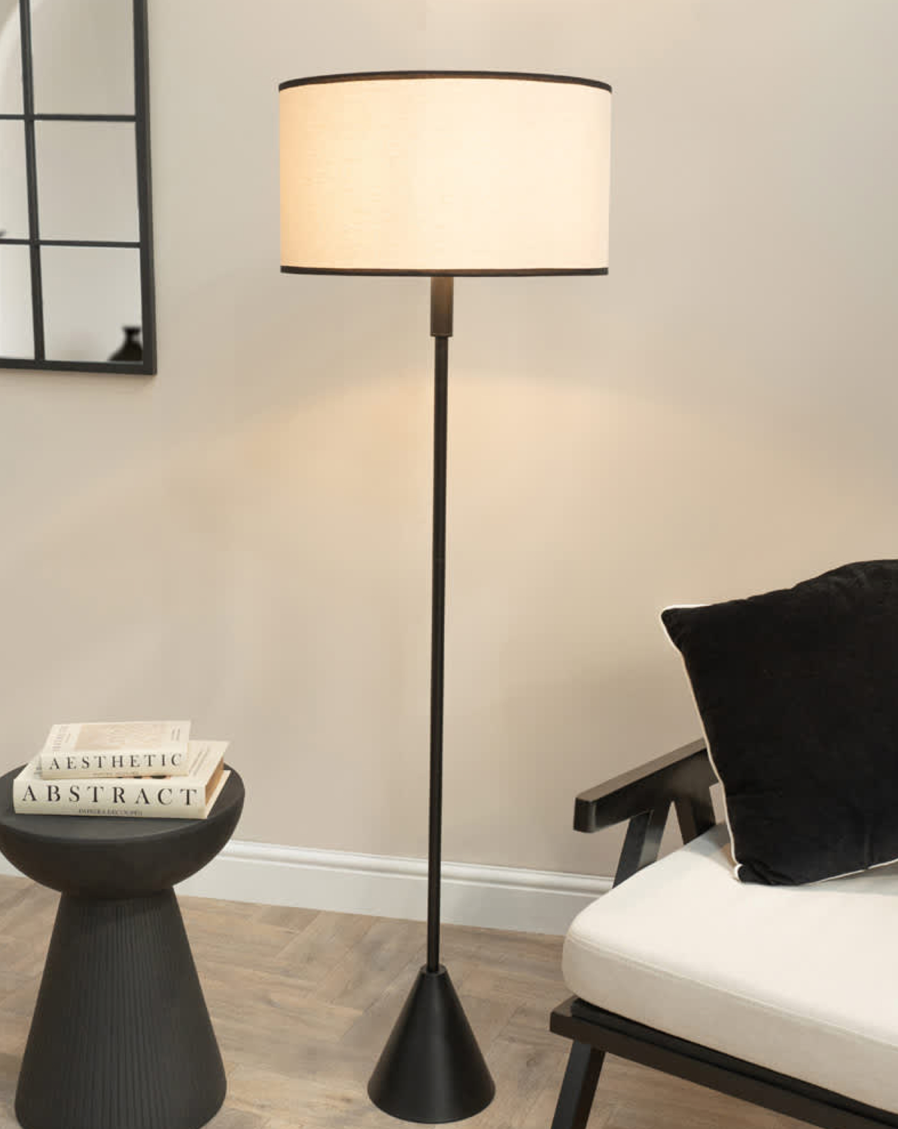 ValueLights Mitch Black Triangle Floor Lamp  with Black Trim Linen Shade