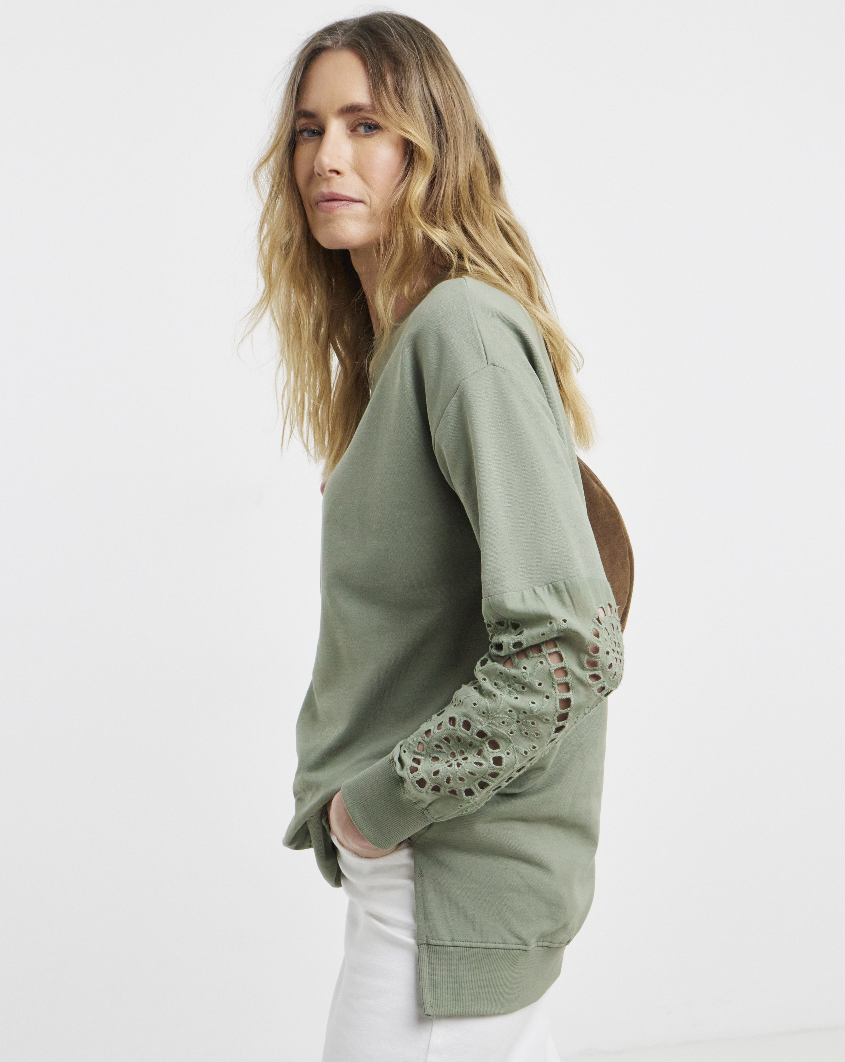 Khaki Broderie Sleeve Sweatshirt