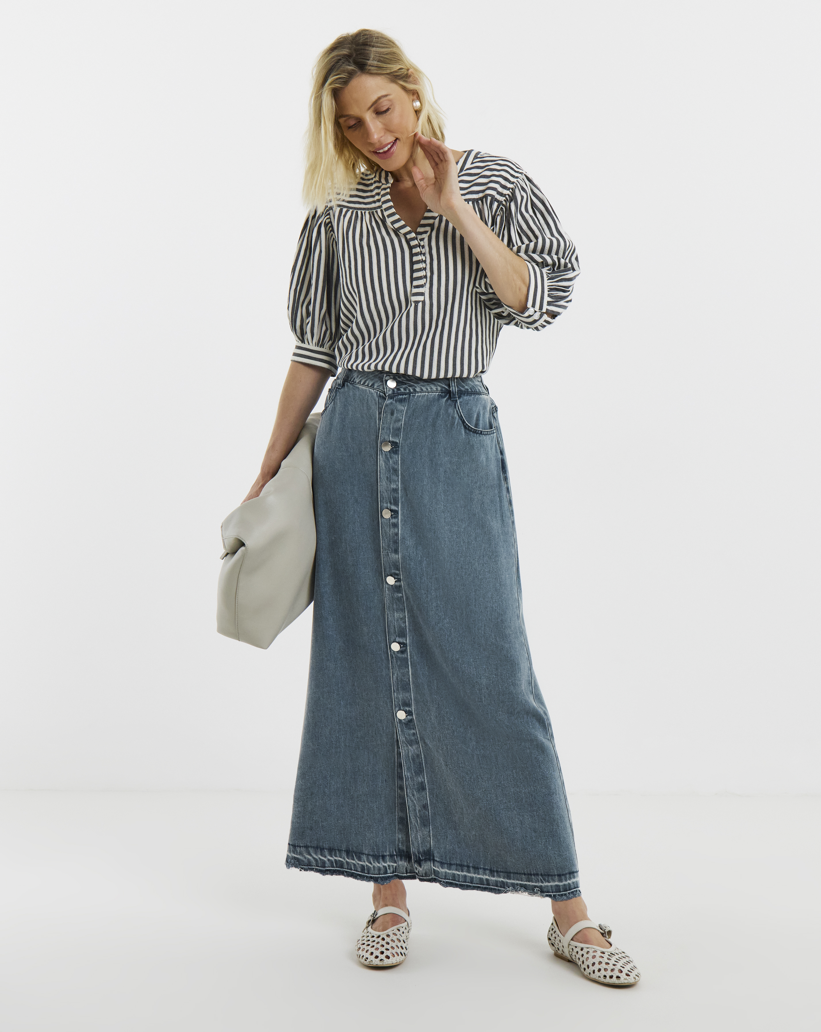 Blue Tencel Button Front Denim Skirt