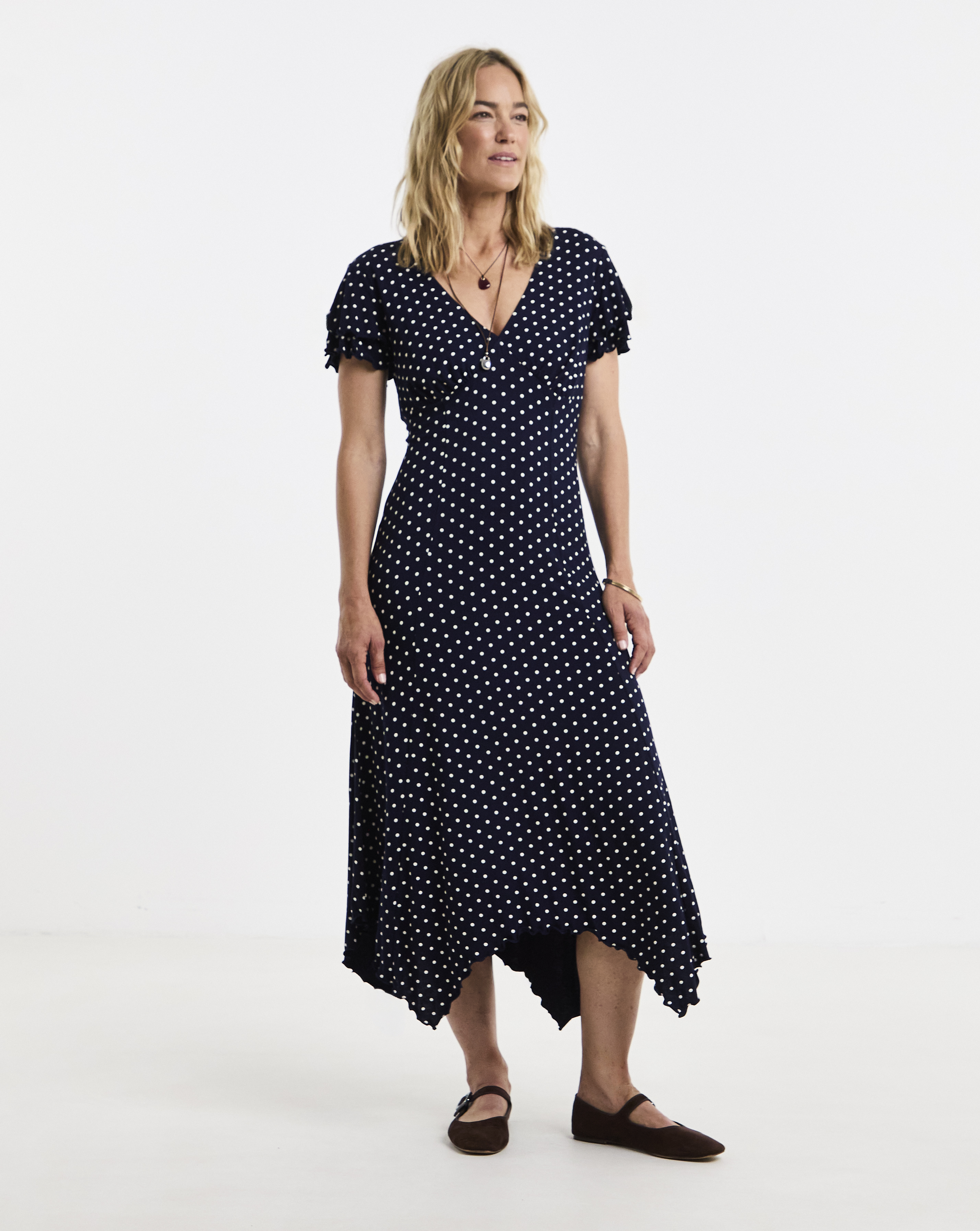 Flutter Sleeve Navy Spot Hanky Hem Midi Dress