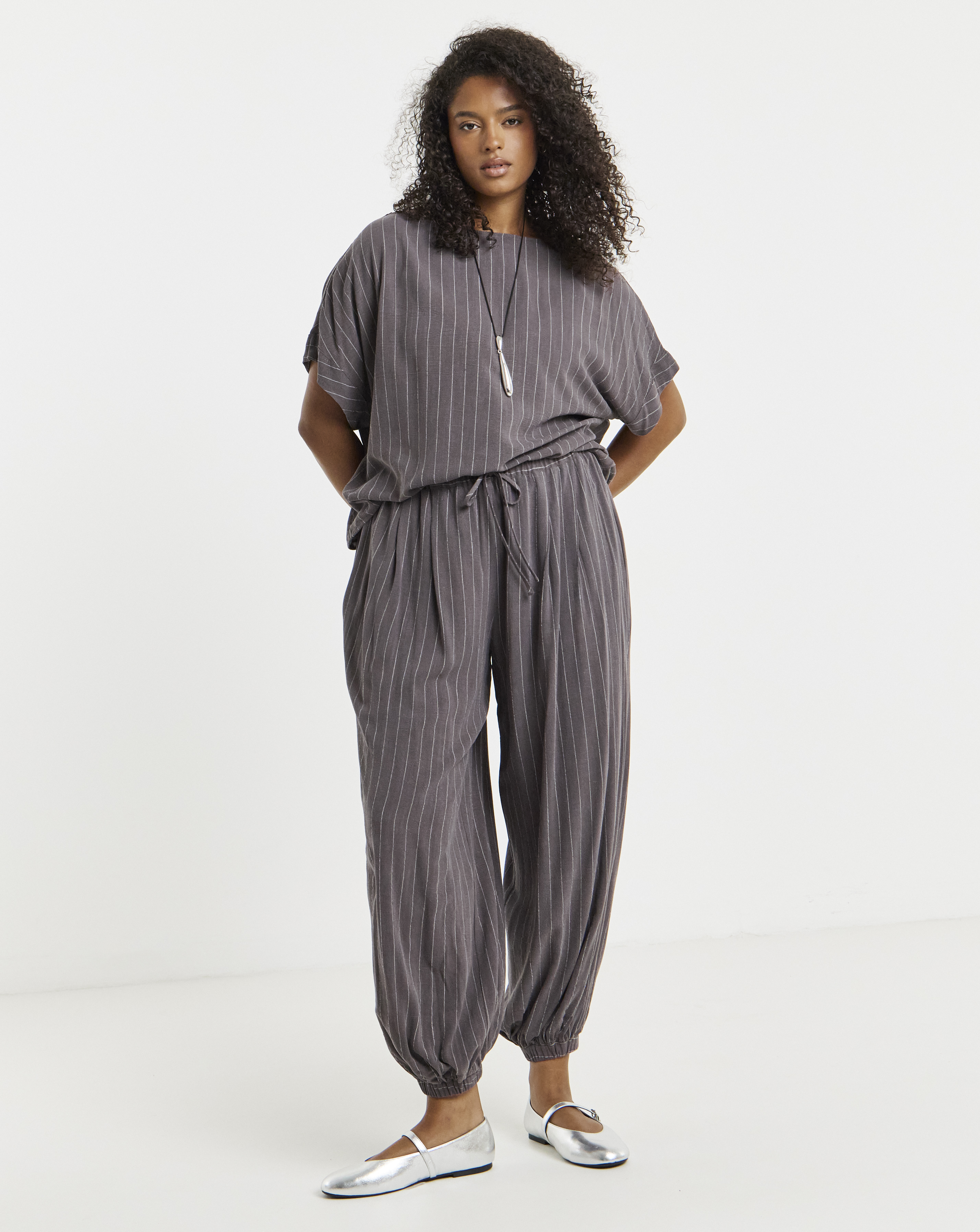 New In - Pinstripe Tie Waist Balloon Trouser