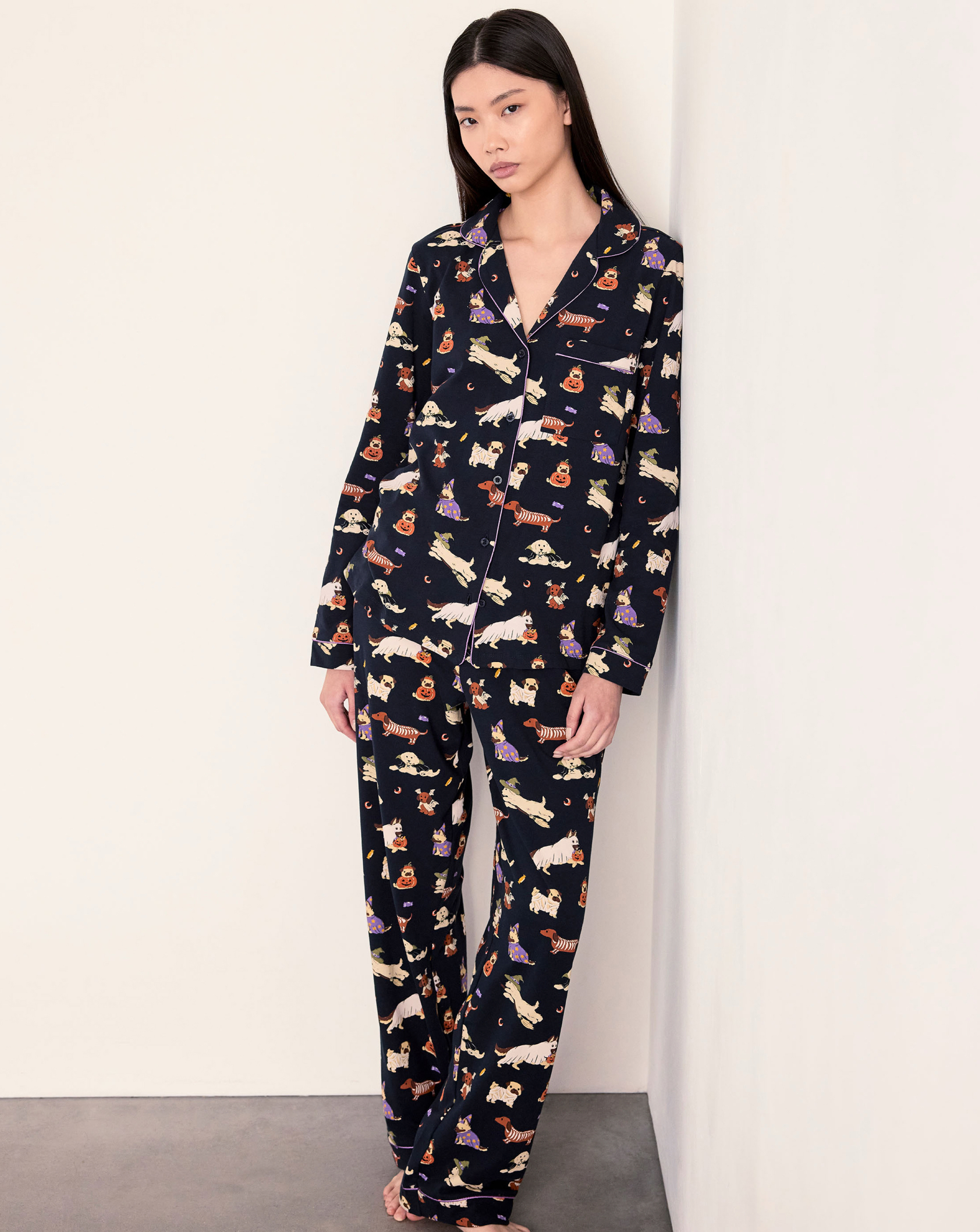 Chelsea Peers Classic Long Button Up Halloween Dog Pyjama Set