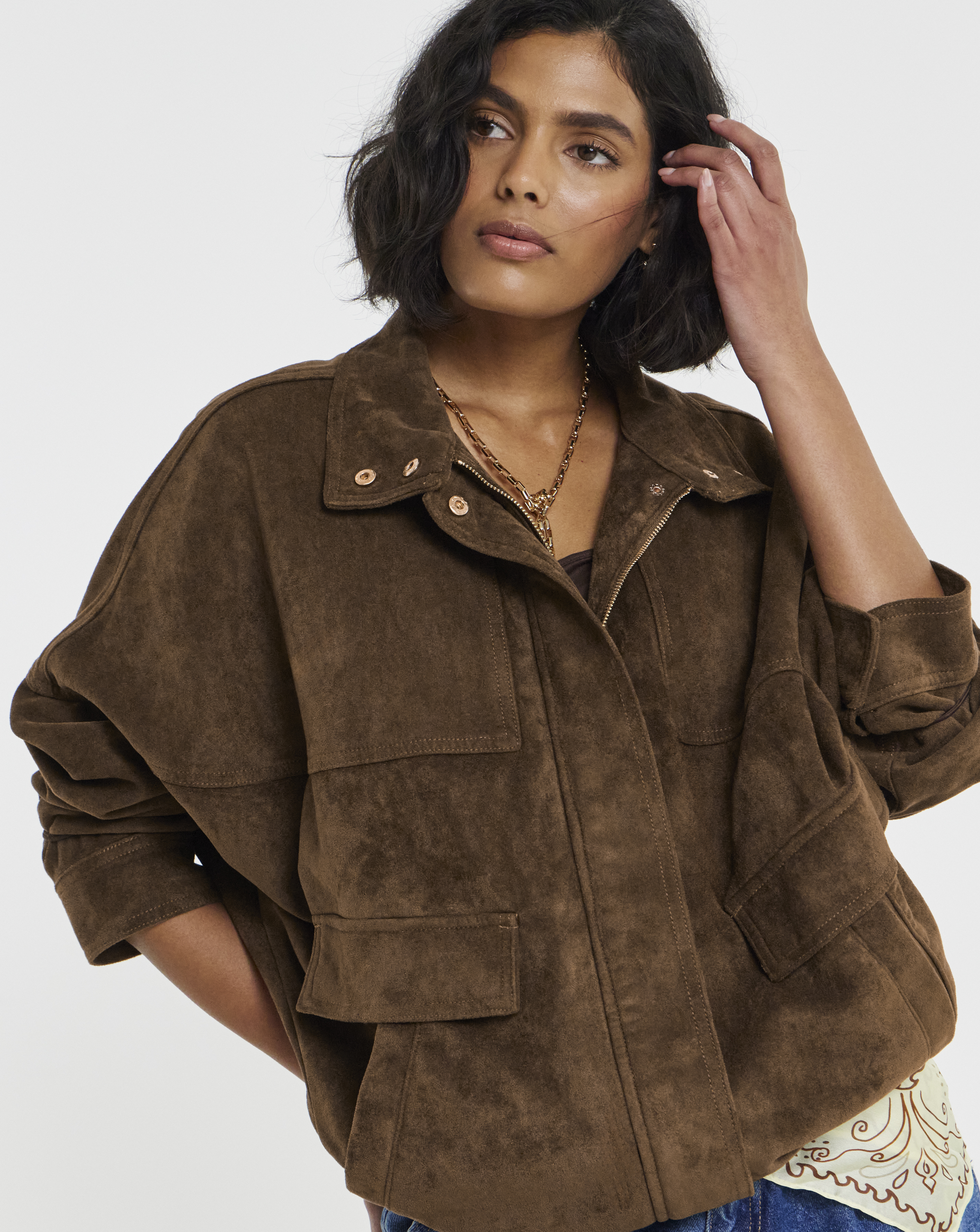 New In - Tobacco Funnel Neck Suedette Jacket