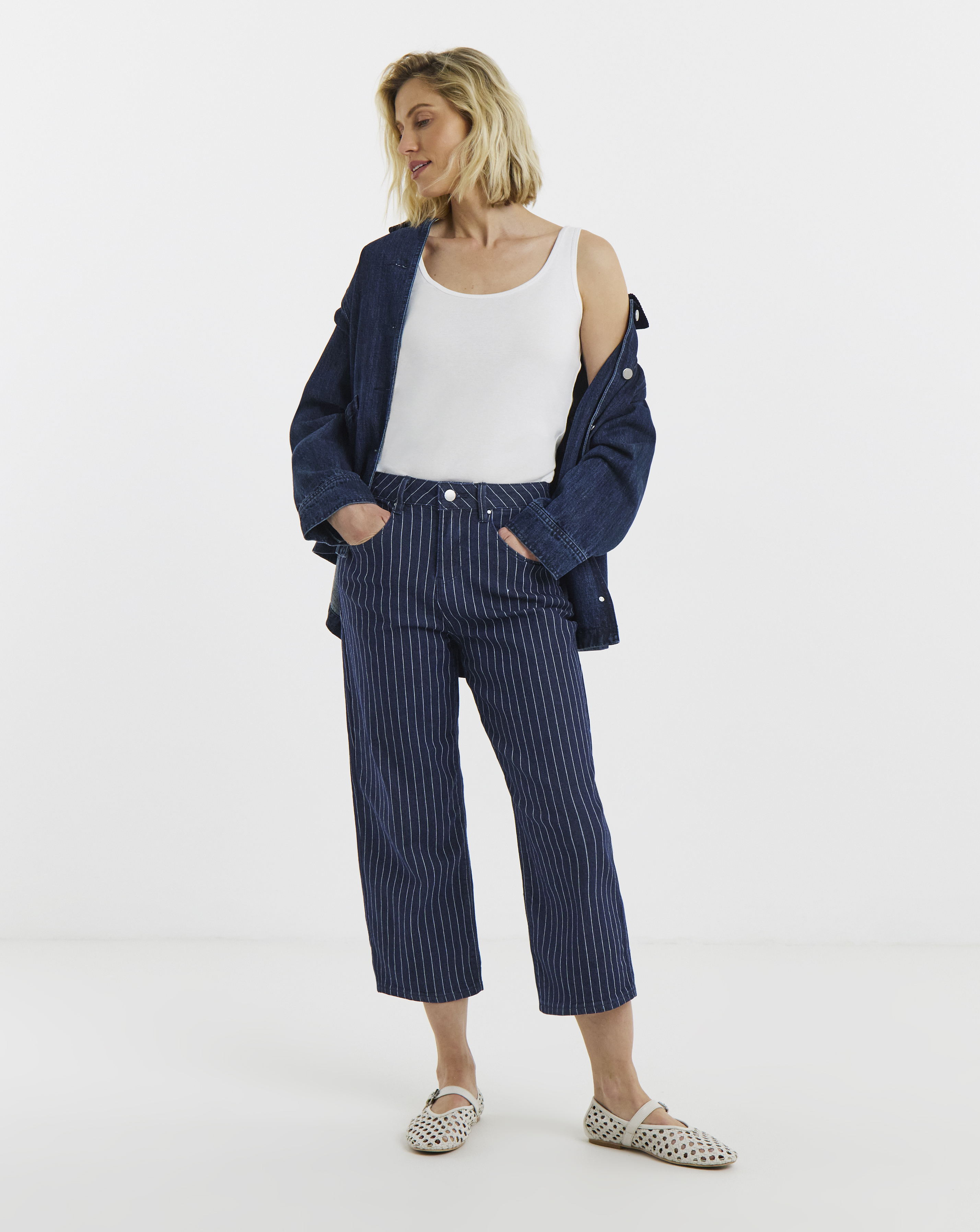 Indigo Stripe Straight Leg Crop Jeans