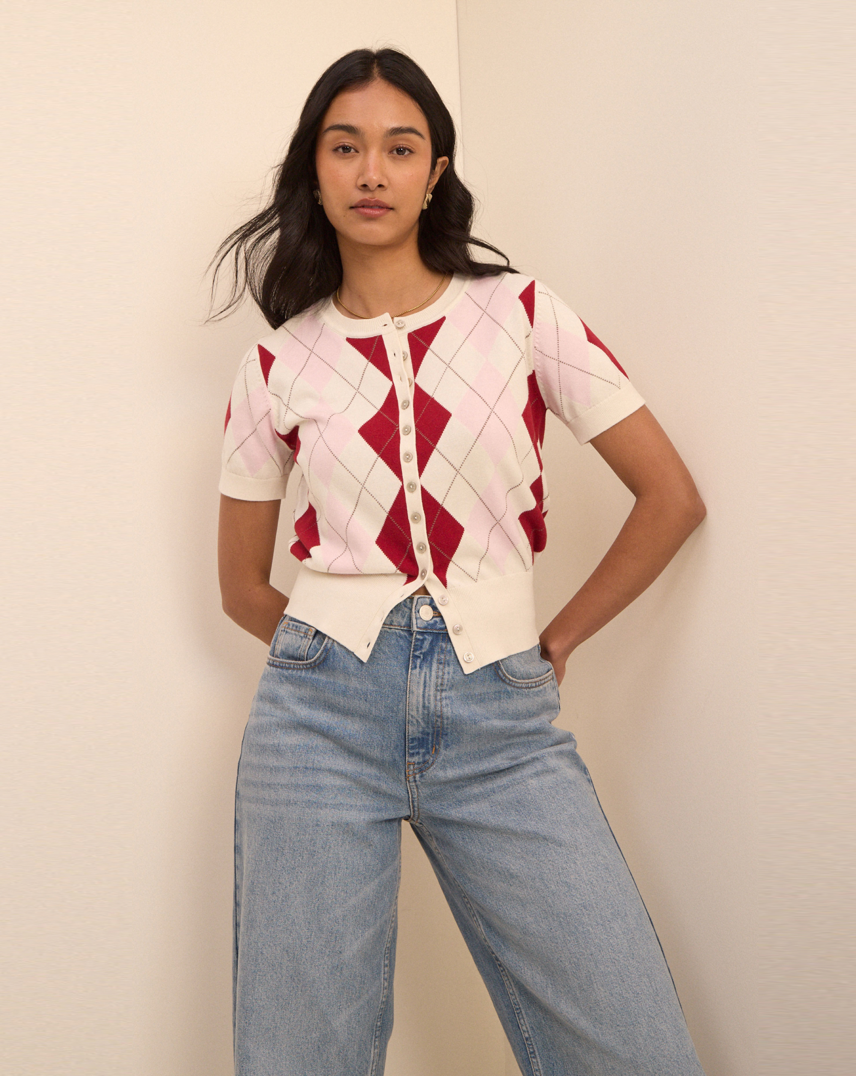 New In - NOBODYS CHILD ARGYLE SHORT SLEEVE CARDI