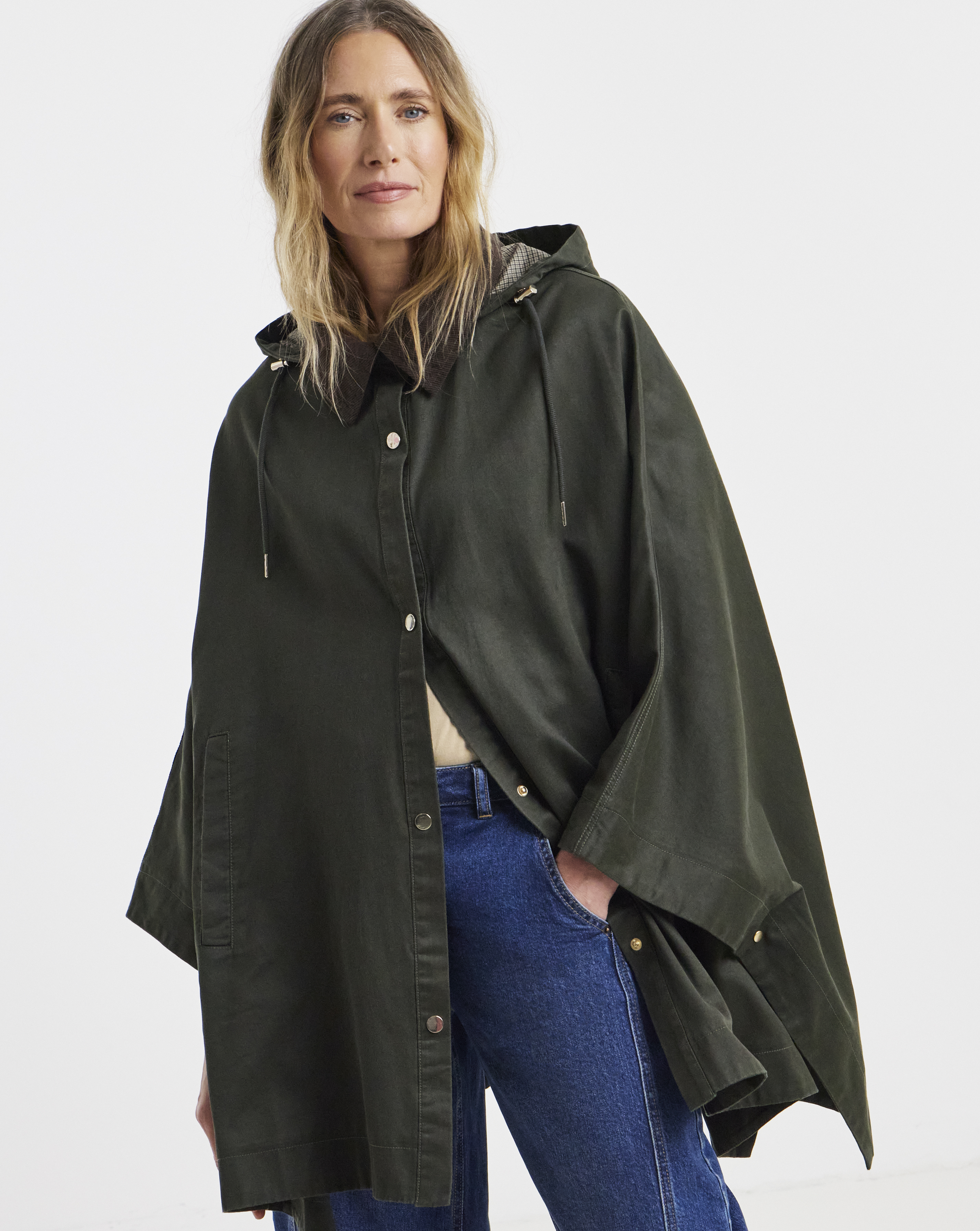 Khaki Cord Collar Coated Cape Jacket