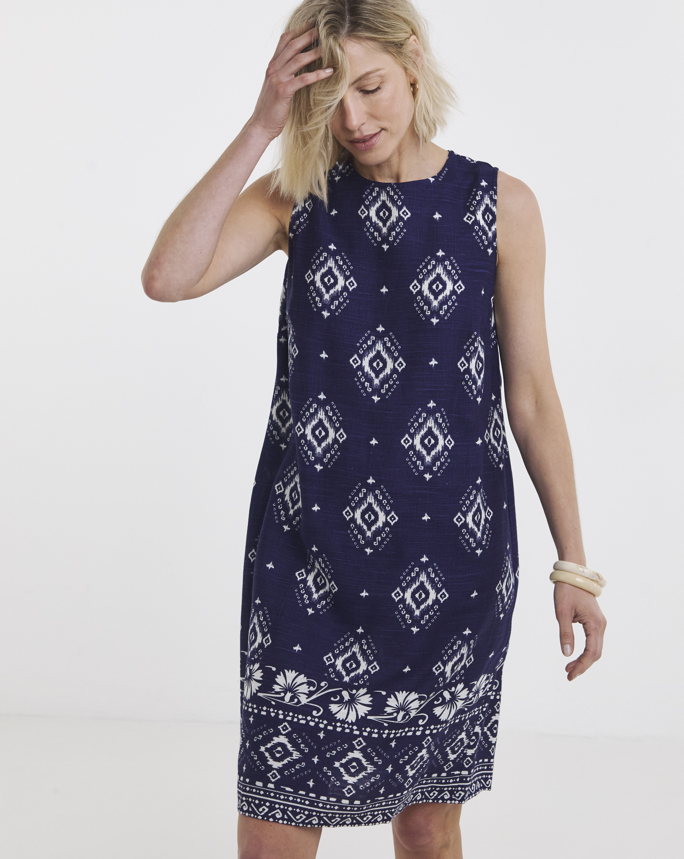 New In - Border Print Linen Shift Dress