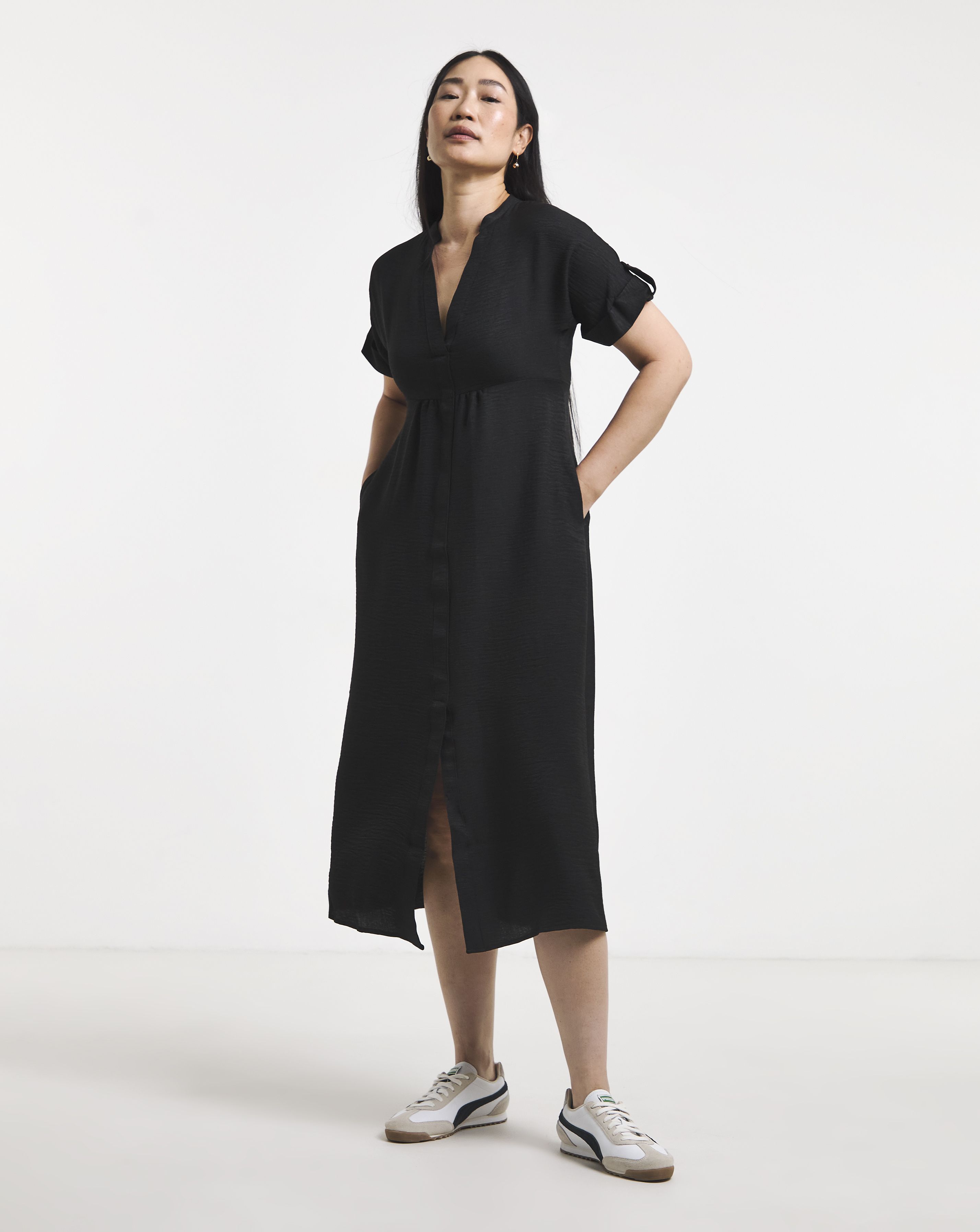 Collarless Placket Detail Smock Midi Dress