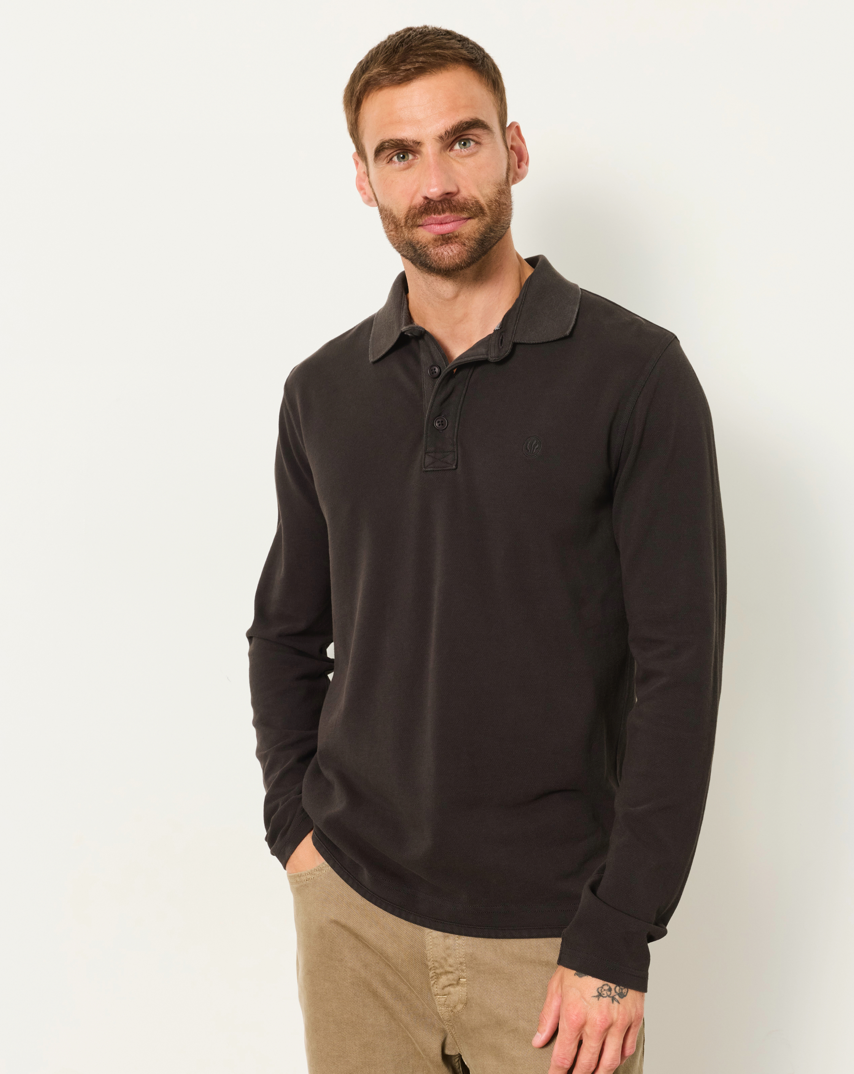 Fat Face Men's Washed Black Fatface Long Sleeve Pique Polo Shirt - Image 3