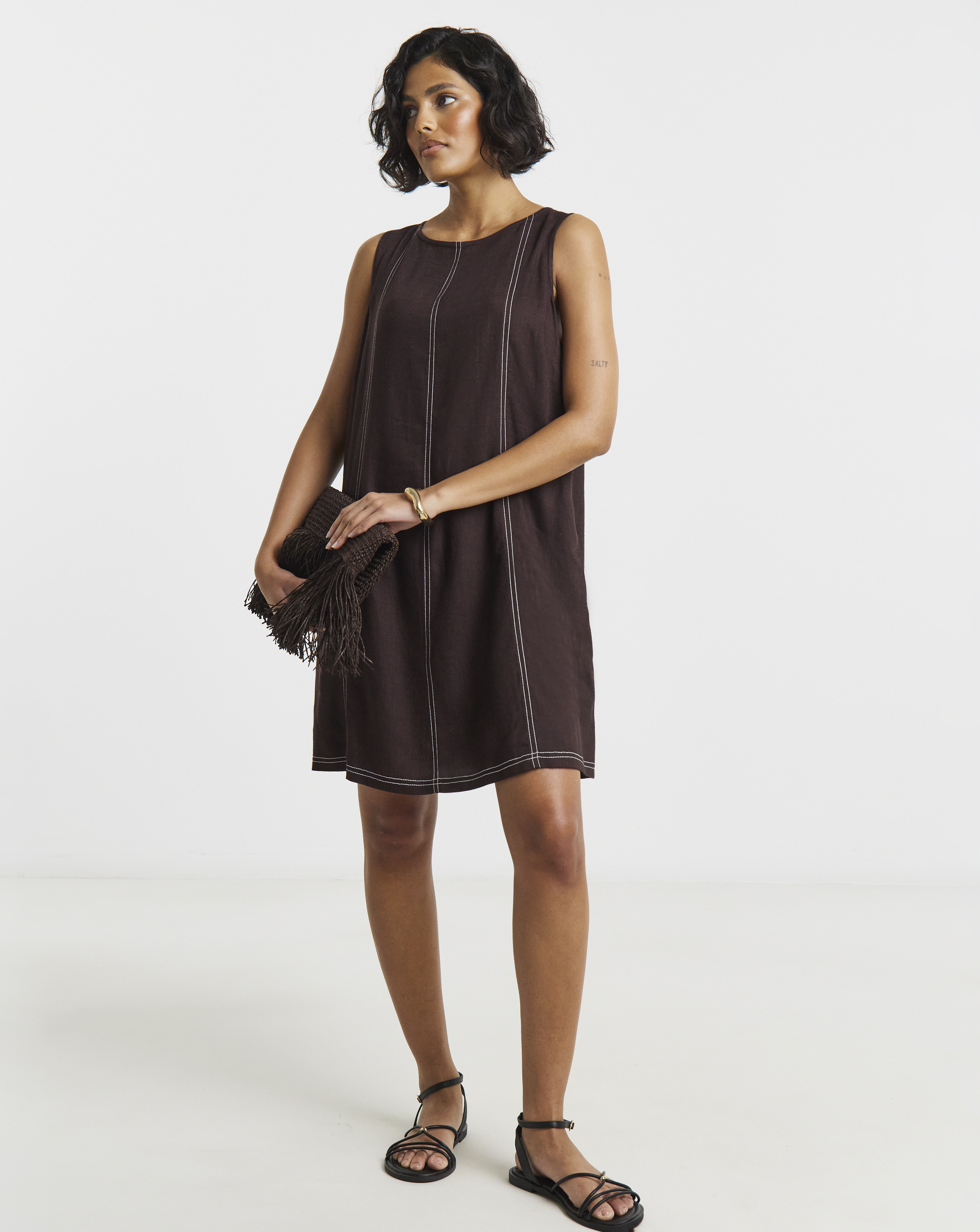 New In - Linen Swing Dress With Ecru Stitching